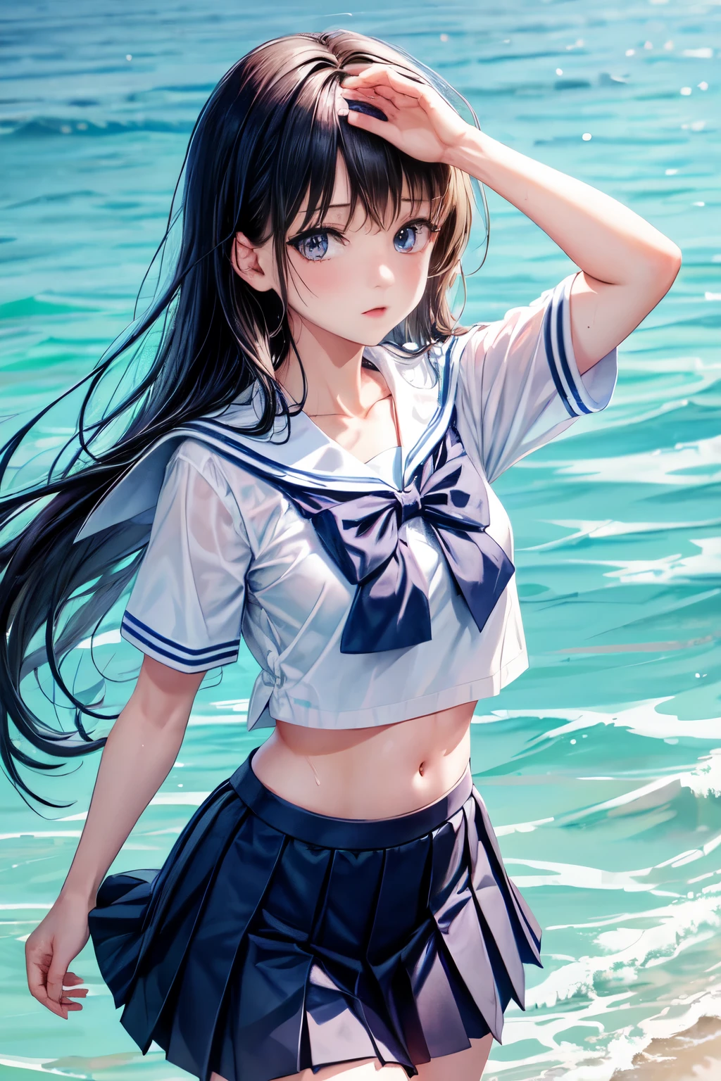 highest quality、High resolution、detailed background、Wet sailor suit、sleeveless、short sleeve、bikini pants、cute、Look at me happily
