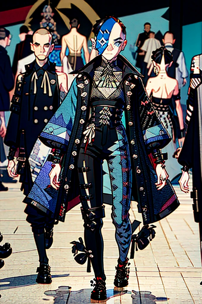 (stitch pattern theme:1.2), street wear, male, man, boy, avant garde fashion, (wearable art:1.3), couture, oversized clothing, skintight clothing, fullbody