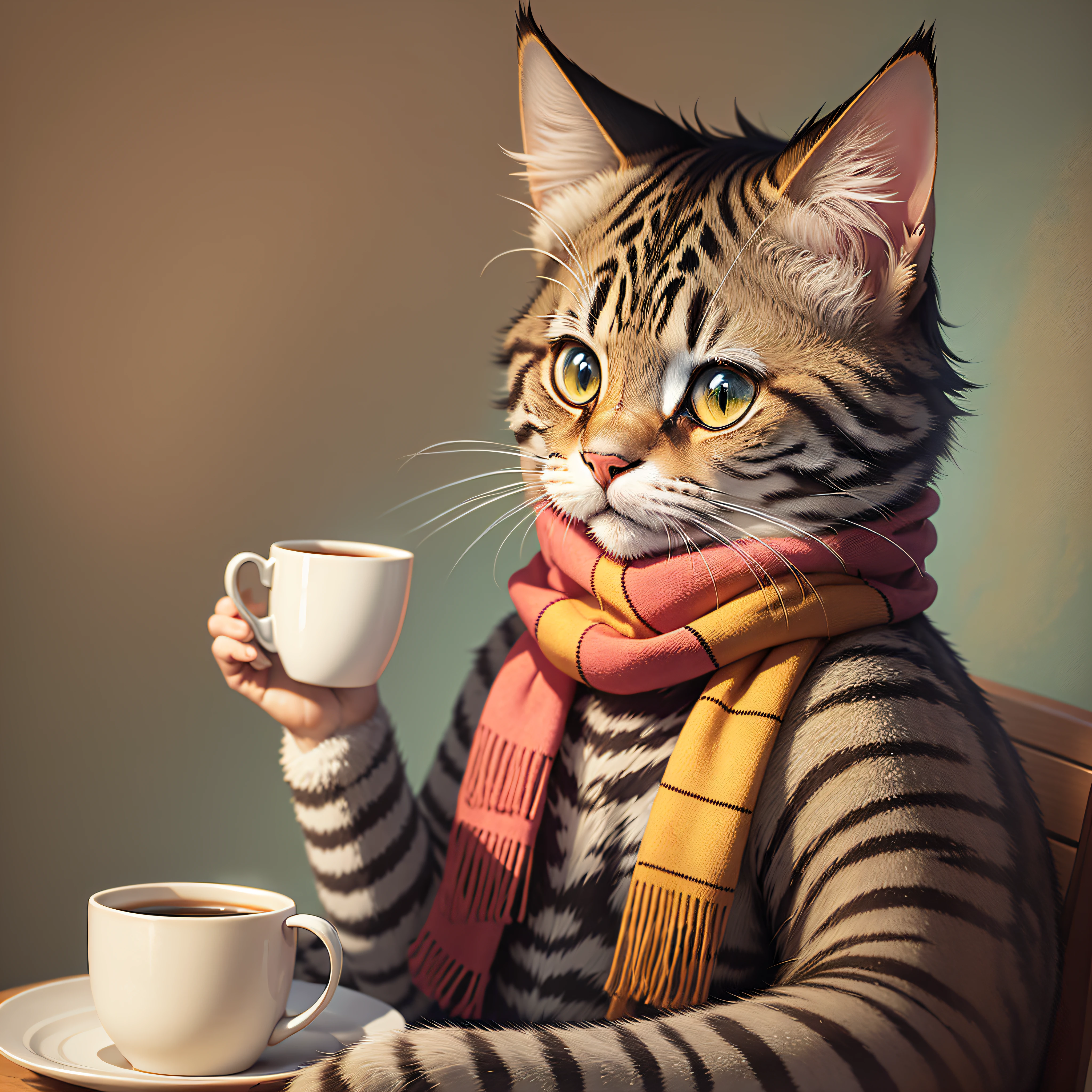 cartoon of a relaxed cat with a scarf and drinking a cup of coffee, vintage retro background --auto --s2