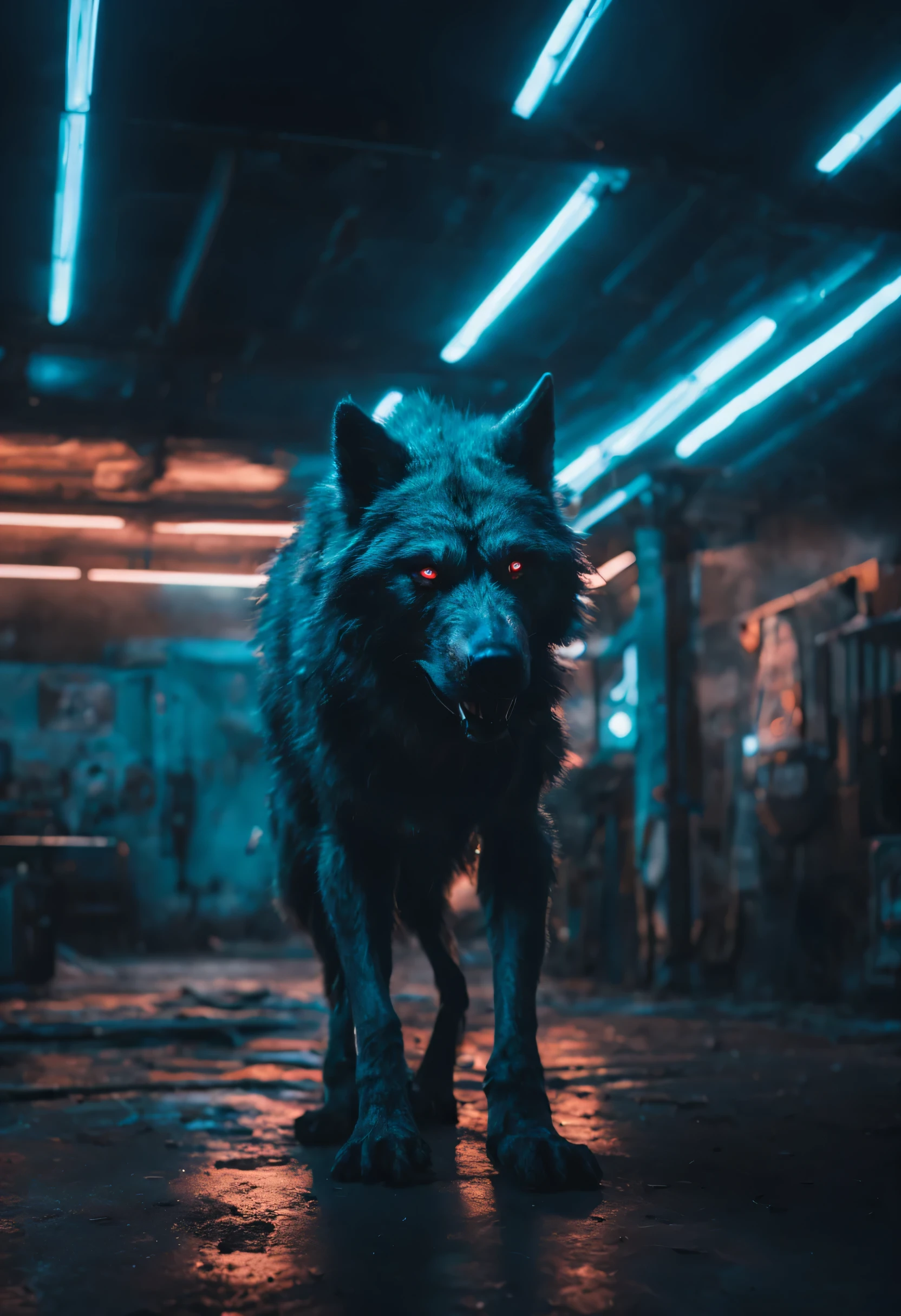 Intriguing and scary werewolf far from view in a very detailed abandoned gas station at night. atmosfera de terror. luzes fluorescentes desbotadas no teto. nuances azuis nos destaques. gigantic thunder in the sky. ambientes fortemente escuros. cinematographic. fotografia hiperdetalhada. 8k. Rule of Thirds.