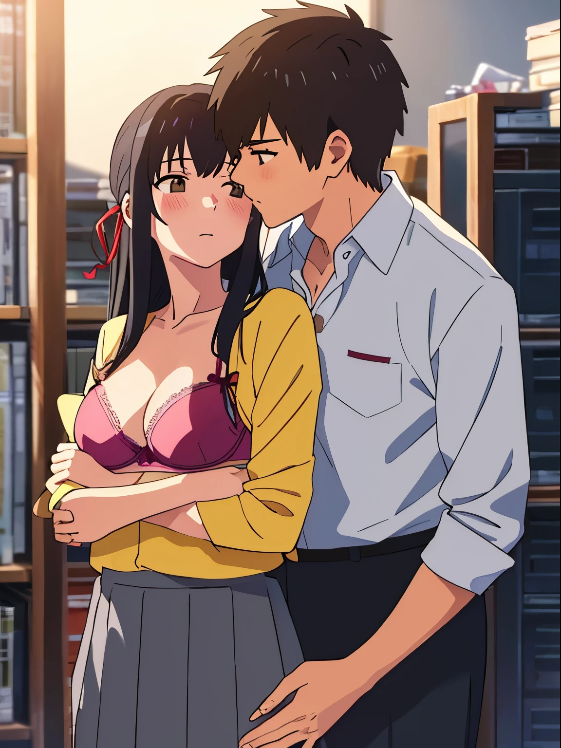 shinkai makoto, kimi no na wa., 1boy, buzzcut,office suit, boy caressing girl's body, kiss cheeks, passionate hug, boy is hugging from behind, breast groping from behind, 1girl, bangs, black hair, brown eyes, Twisted Half Up, red ribbon, long hair, yellow blouse, open shirt, unbuttoned shirt, pink bra, cleavage, breast, medium breast, long gray skirt, storage room, indoors, masterpiece, perfect anatomy, cowboyshot