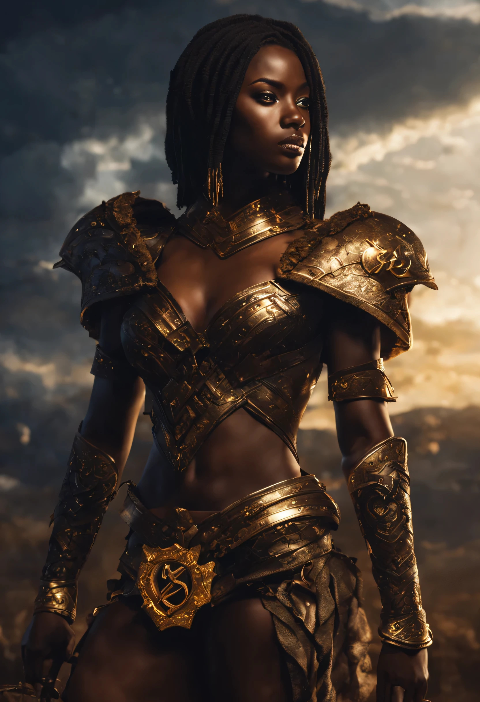 Dark Skinned, African hot girl, sexy knight, black armor with golden parts, Engraved Ank symbol, fur cape, evening, army on background, atmospheric, mist, best quality masterpiece, photo realistic, detailed, 8k, HDR, shallow depth of field, broad light, high contrast, back-lighting, bloom, light sparkles, chromatic aberration, sharp focus, RAW color photo, volumetric lightning, gothic, NSFW,