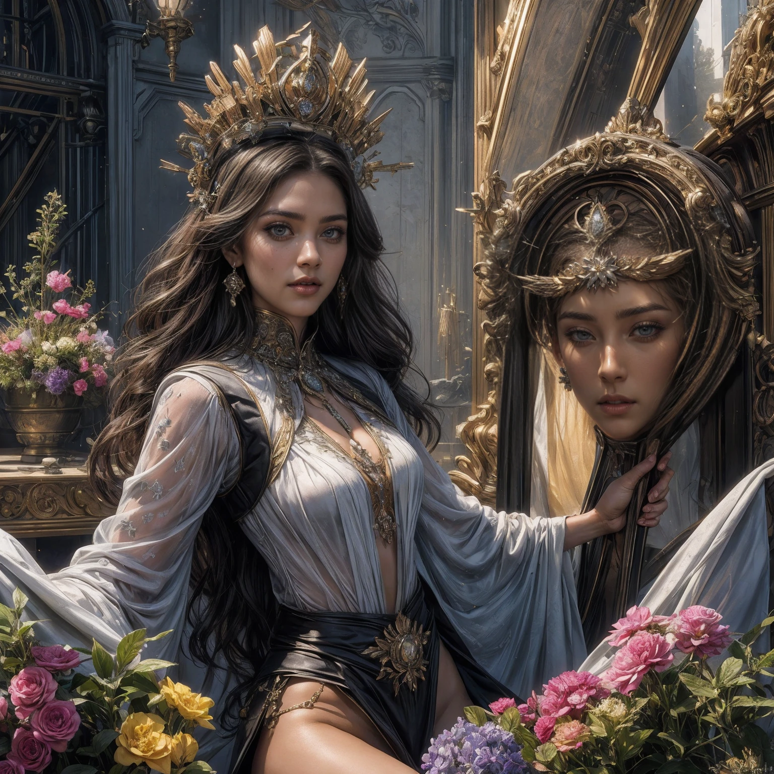 1 character, Ultra realistic 16K CG, masterpiece, Best Composition, Photo quality, work of art, full length portrait, Character incredibly beautiful girl., Incredibly beautiful face, very detailed face, Detailed eyes, detailed hair, correct anatomy, bride, princess, Against the backdrop of an imperial star cruiser taking off, detailed imperial super dreadnought , flowers, Crown of their flowers and diamonds, high detail, Lots of elements, Flowers in containers, Creepers on the walls, gilding on structures, futuristic display, Hologram, flying transports, flying cargo ships, cranes, Manipulators. Sun rays, no underwear, bright blue transparent silk clothes ,ultra dialyzed bright clothes, Palma, Creepers, many colors, wants sex, after oral sex, lifts the skirt, Highly detailed vagina, Tempting, playful look,