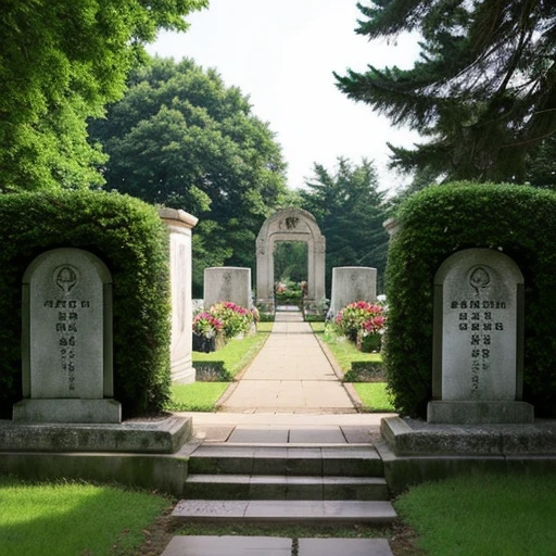 Entrance to a cemetery surrounded by nature on a vast site overseas, like the one pictured here.。There are few gravestones。Roses are planted at the entrance