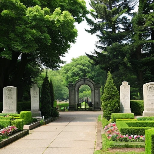 Entrance to a cemetery surrounded by nature on a vast site overseas, like the one pictured here.。There are few gravestones。Roses are planted at the entrance