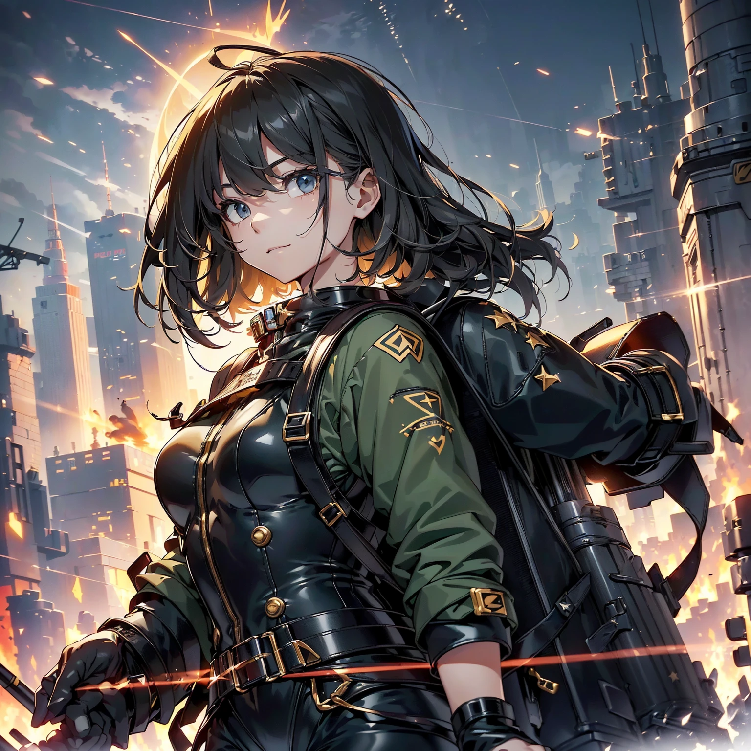 (highest quality,T Masterpiece,final solution,whole body、album):(18 year old female fighter,Slender、very slim、small face、small face、cute、Black Super Short Hair、Ahoge、Shiny black tight combat uniform,Glossy tight suit,jump、dynamic angle、dynamic action、(dynamic pose:1.2)、normal posture,normal posture、Gentle smile、(Backpack:1.1))、(Time Machine、Computer、skyscraper gun、weapons of the future、Real World、Plankton rattle field、volumetric fog、gray fog、cigarette、 explosion、apocalyptic、destroyed city background、burning building:1.3、starry ski、huge moon、Earth、destroyed giant robot、radio tower、airplane flying overhead、shooting star rocket truck、broken car、derailed train、tank、giant weapon、electronic equipment、Luminous mechanism、strong wind、bao phan、thunder、light、halo)