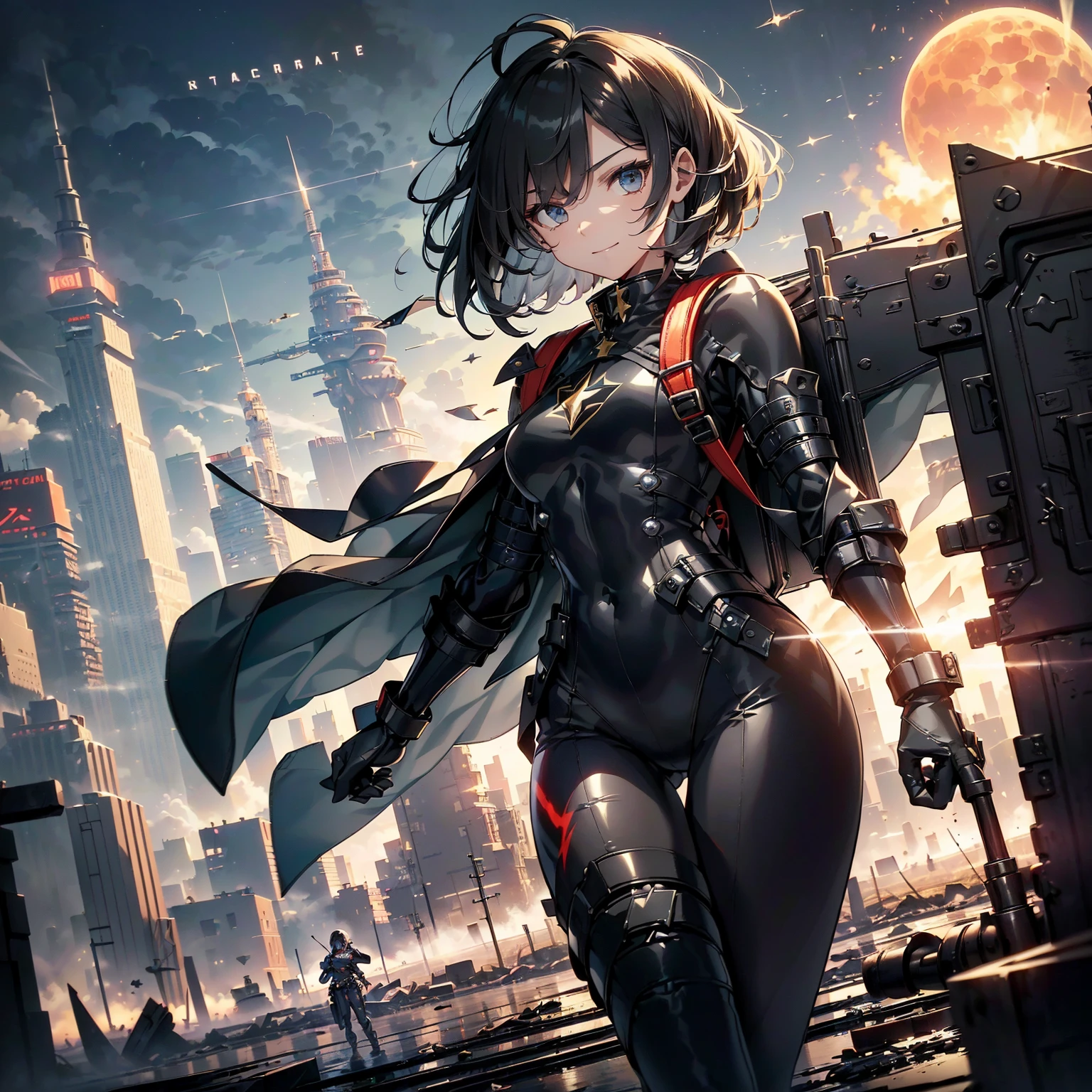 (highest quality,T Masterpiece,final solution,whole body、album):(18 year old female fighter,Slender、very slim、small face、small face、cute、Black Super Short Hair、Ahoge、Shiny black tight combat uniform,Glossy tight suit,jump、dynamic angle、dynamic action、(dynamic pose:1.2)、normal posture,normal posture、Gentle smile、(Backpack:1.1))、(Time Machine、Computer、skyscraper gun、weapons of the future、Real World、Plankton rattle field、volumetric fog、gray fog、cigarette、 explosion、apocalyptic、destroyed city background、burning building:1.3、starry ski、huge moon、Earth、destroyed giant robot、radio tower、airplane flying overhead、shooting star rocket truck、broken car、derailed train、tank、giant weapon、electronic equipment、Luminous mechanism、strong wind、bao phan、thunder、light、halo)