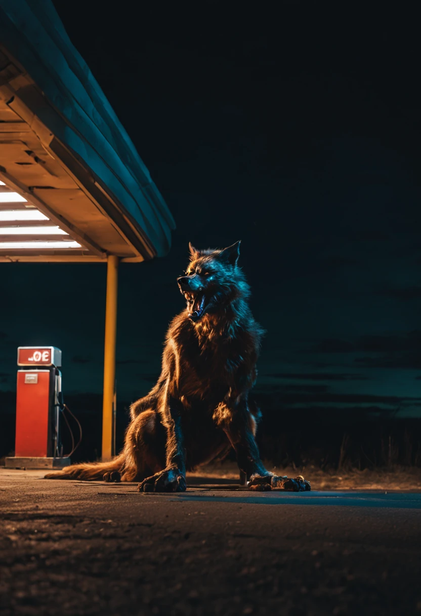 Intriguing and scary werewolf far from view in a very detailed abandoned gas station at night. atmosfera de terror. luzes fluorescentes desbotadas no teto. nuances azuis nos destaques. gigantic thunder in the sky. ambientes fortemente escuros. cinematographic. fotografia hiperdetalhada. 8k. Rule of Thirds.
