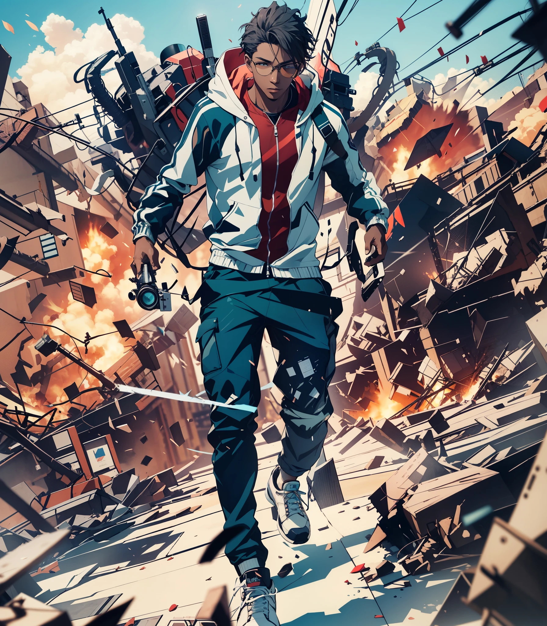 Capture the breathtaking moment as a young, dark-skinned man wearing glasses, dressed in a crisp white windbreaker hoodie crashes walks away from an explosion. This RAW masterpiece showcases an ultra-high resolution, photorealistic full-body portrait, illuminated by the warm glow of sunlight. The scene is rendered in the captivating style of mecha sci-fi anime, boasting an impressive 8K resolution for the best quality imagery. Crafted with Unreal Engine 1.4, this piece features ultra-realistic 64K CG, skin texture at 1.4, and volumetric fog to add depth and atmosphere. The details are further enhanced with 8K UHD, DSLR quality, film grain, and the artistic touch of lomography. The result is a stunning blend of high-quality visuals, translucent effects, and photorealism that truly captivates the viewer.