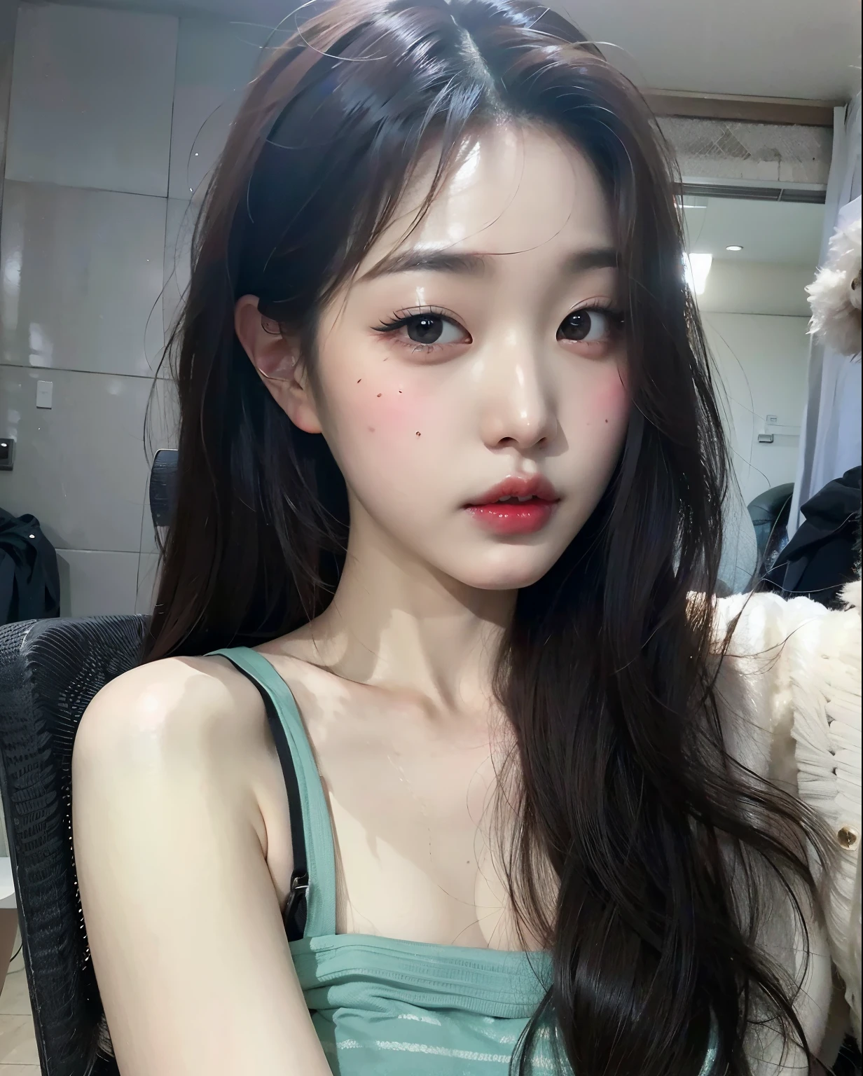 there is a woman that is sitting down with a hair brush, Jinyoung Shin, jaeyeon nam, coreana, Ulzzang, linda jovem coreana, young lovely korean face, linda mulher sul-coreana, linda jovem coreana, young pale and beautiful asian face, adorable and pale korean face, de 19 anos, Heonhwa Choe