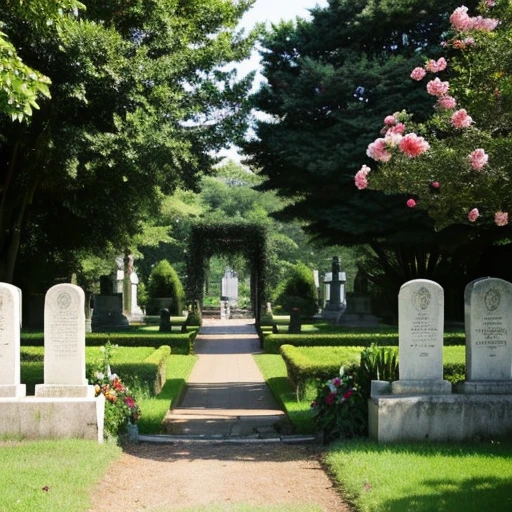 Entrance to a cemetery surrounded by nature on a vast site overseas, like the one pictured here.。No gravestone。Roses are planted at the entrance