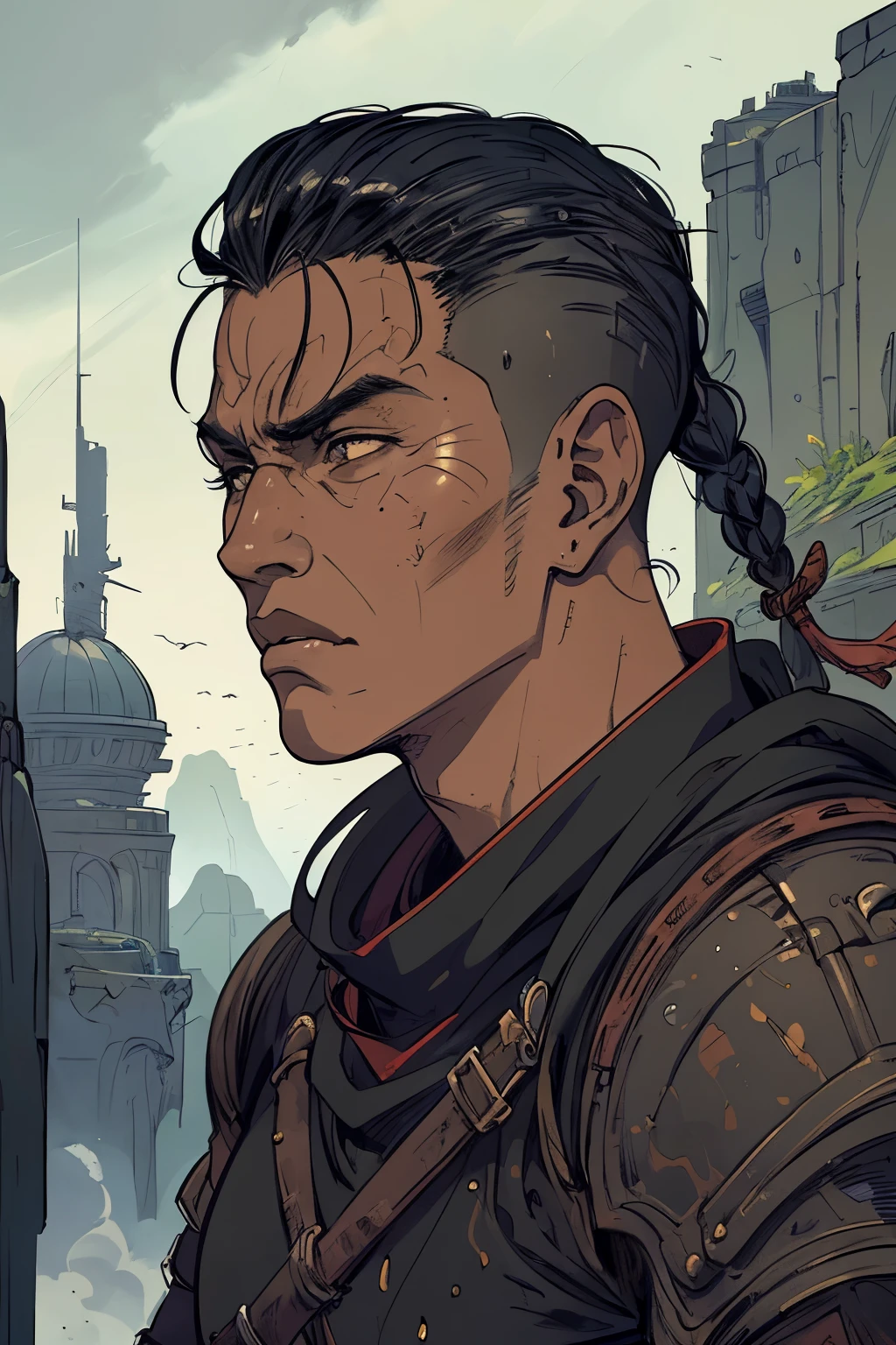 masterpiece:1.2, best quality, 1man,male, absurdres, dark, action shot, futuristic assassin, military, fantasy, SCI-FI, knife, centered, portrait, in the style of Kentaro Miura, native american male, tan male focused, braid, shaved sides, action shot, masculine,