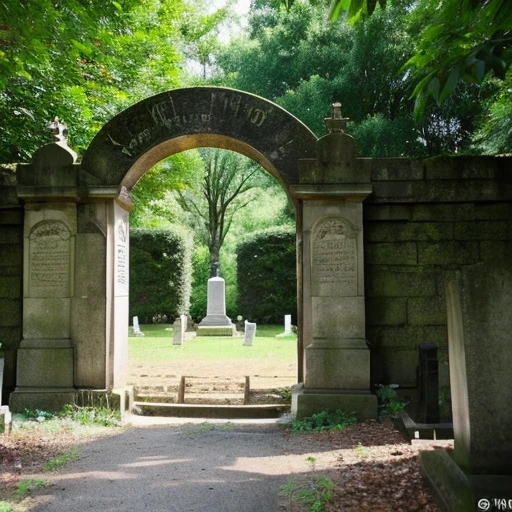 Entrance to a small cemetery surrounded by nature on a vast site overseas, as shown in the photo.。No gravestone。Roses are planted at the entrance
