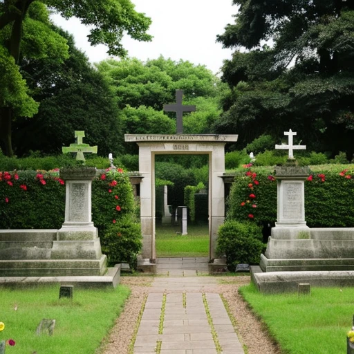 Entrance to a small cemetery surrounded by nature on a vast site overseas, as shown in the photo.。No gravestone。Roses are planted at the entrance