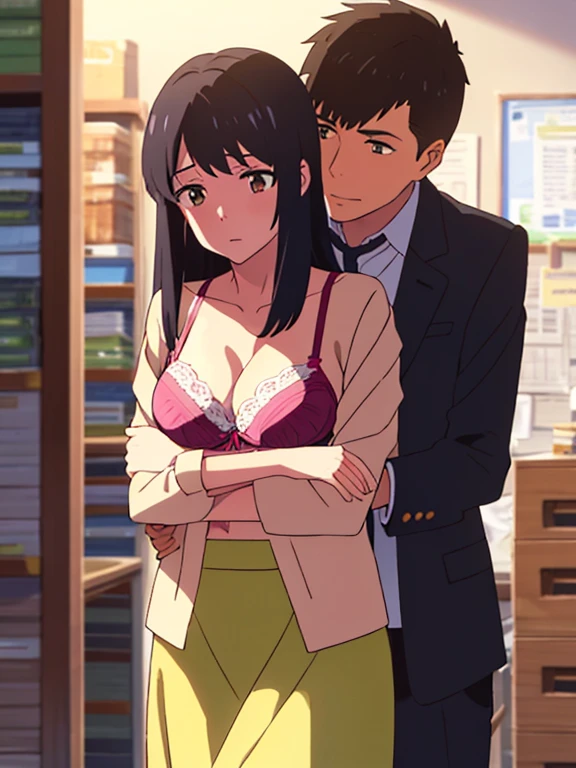 shinkai makoto, kimi no na wa., 1boy, buzzcut,office suit, boy caressing girl's body, kiss cheeks, passionate hug, boy is hugging from behind, chestgrope from behind, boy is touchig girl's chest, hold chest 1girl, bangs, black hair, brown eyes, Twisted Half Up, red ribbon, long hair, yellow blouse, open shirt, unbuttoned shirt, pink bra, cleavage, breast, medium breast, long gray skirt, storage room, indoors, masterpiece, perfect anatomy, cowboyshot