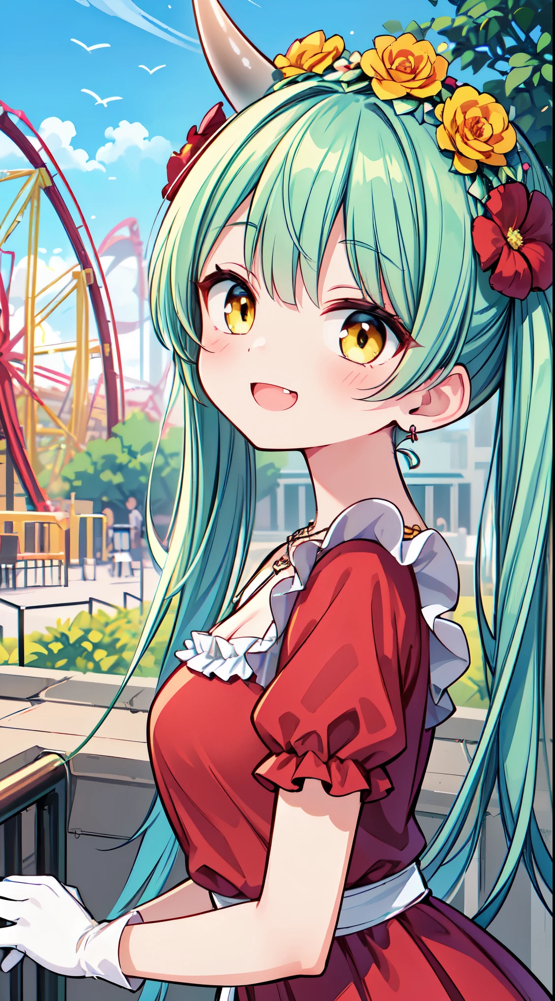 (super fine illustration:1.2),(masterpiece, 8k), (best quality, high quality:1.4), perfect anatomy, hyper detailed, ultra detailed,masterpiece background,beautiful detailed background, v8k wallpaper,perfect design,award-winning art,atmospheric,
BREAK, 1 beautiful girl, (17 year old girl),alone,(cute:1.5),(Little:0.6),(cute:1.5),(change:0.5),break, :d, (twin tails, green hair, horn, long hair:1.35), (yellow eyes, double, slanted eyes:1.45), blush, double teeth, ((D cup breasts))), heart, sight, maid, /maid dragon/, dragon tail, (long eyelashes, double eyelids, thin eyebrows:1.2), alone, glowing skin, beautiful skin, beautiful skin, (highest quality face), (highest quality slanted eyes), maid outfit, gloves, open your mouth, short sleeve, smile, white gloves,(The best smile,smug face:1.45),
BREAK, (1girl, solo, looking at viewer, walking:1.2), (Amusement park:1.2), (attractions, theme parks, roller coaster:1.2), (ferris wheel:1.2), (flower, fountain:1.2), (outdoor:1.2), beautiful detailed sky, dating, sunlight, beautiful lighting, volumetric lighting,
BREAK ((white camisole), detailed frilled camisole), (red skirt, detailed laced skirt), (tiara, necklace, earrings), (flower crown, flower head, side flower head, flower hair ornament:1.5)
BREAK,wakame,wakame,wakame,(looking up,from side:1.5) ,
BREAK,(Blurry background:1.3),(absurderes, hight resolution, Super Detail Art),cel shading,Clear Color, Lonely optical effect, Beautiful pictures, Bright glow, mystic atmosphere,(Close-up of girl:1.1), Mystical light particle effect,manga influence, clean line drawings,
