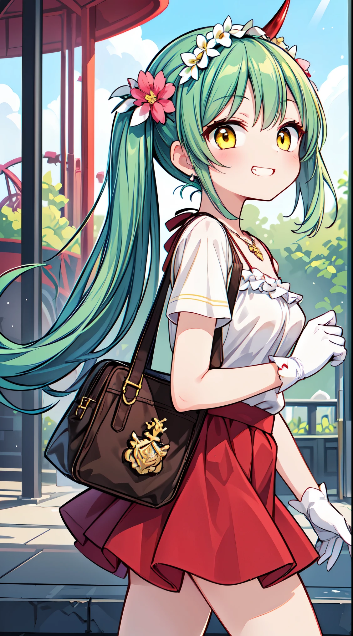 (super fine illustration:1.2),(masterpiece, 8k), (best quality, high quality:1.4), perfect anatomy, hyper detailed, ultra detailed,masterpiece background,beautiful detailed background, v8k wallpaper,perfect design,award-winning art,atmospheric,


BREAK, 1 beautiful girl, (17 year old girl),alone,(cute:1.5),(Little:0.6),(cute:1.5),(change:0.5),break, :d, (twin tails, green hair, horn, long hair:1.35), (yellow eyes, double, slanted eyes:1.45), blush, double teeth, ((D cup breasts))), heart, sight, maid, /maid dragon/, dragon tail, (long eyelashes, double eyelids, thin eyebrows:1.2), alone, glowing skin, beautiful skin, beautiful skin, (highest quality face), (highest quality slanted eyes), maid outfit, gloves, open your mouth, short sleeve, smile, white gloves,(The best smile,smug face:1.45), 

BREAK, (1girl, solo, looking at viewer, walking:1.2), (Amusement park:1.2), (attractions, theme parks, roller coaster:1.2), (ferris wheel:1.2), (flower, fountain:1.2), (outdoor:1.2), beautiful detailed sky, dating, sunlight, beautiful lighting, volumetric lighting, 

BREAK ((white camisole), detailed frilled camisole), (red skirt, detailed laced skirt), (tiara, necklace, earrings), (flower crown, flower head, side flower head, flower hair ornament:1.5)





BREAK,wakame,wakame,wakame,(looking up,from side:1.5) ,


BREAK,(Blurry background:1.3),(absurderes, hight resolution, Super Detail Art),cel shading,Clear Color, Lonely optical effect, Beautiful pictures, Bright glow, mystic atmosphere,(Close-up of girl:1.1), Mystical light particle effect,manga influence, clean line drawings, 