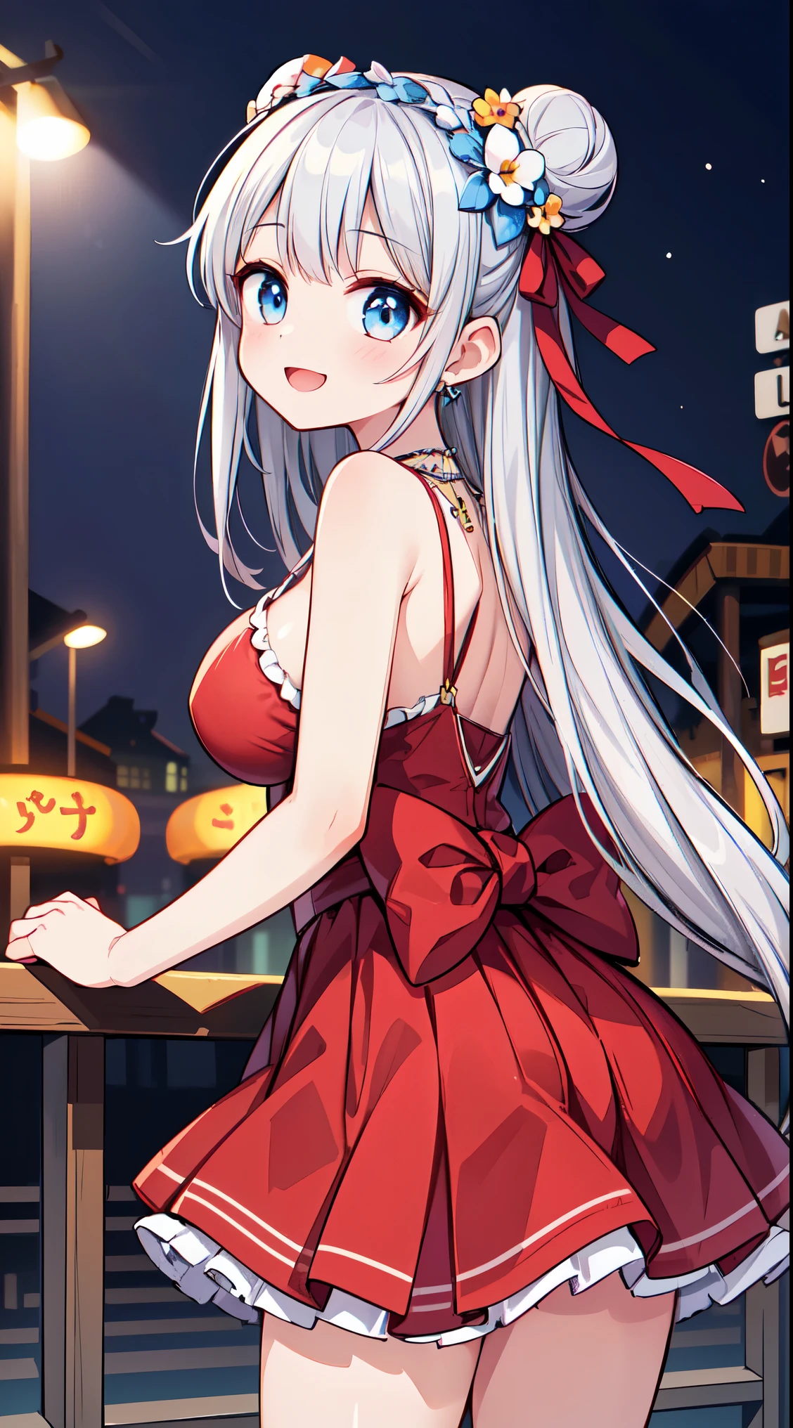(super fine illustration:1.2),(masterpiece, 8k), (best quality, high quality:1.4), perfect anatomy, hyper detailed, ultra detailed,masterpiece background,beautiful detailed background, v8k wallpaper,perfect design,award-winning art,atmospheric,
BREAK, 1girl in, (Cute:1.5),(Cool:0.8), (Beauty:1.5),(Chibi:0.5), ( girl), (girl, Older sister, Unclear, Beautiful face of Japan:1.2) BREAK, (A detailed eye,Tsuriformes:1.2),(Silver hair,Long hair in a bun,Deco:1.8),(huge breasts:1.35),star eye silhouette, (long eyelashes, Double eyelids:1.2), cleavage, ,Swaying udder, Clear skin, Beautiful skin, Shy, Erect ,Clear skin, Beautiful skin, Shy, gleaming skin,(best quality face),(Top quality glowing eyes),(The best smile,Doya face:1.45),
BREAK, (1girl, solo, looking at viewer, walking:1.2), (Amusement park:1.2), (attractions, theme parks, roller coaster:1.2), (ferris wheel:1.2), (flower, fountain:1.2), (outdoor:1.2), beautiful detailed sky, dating, sunlight, beautiful lighting, volumetric lighting,
BREAK ((white camisole), detailed frilled camisole), (red skirt, detailed laced skirt), (tiara, necklace, earrings), (flower crown, flower head, side flower head, flower hair ornament:1.5)
BREAK,wakame,wakame,wakame,(cowboy shot,from behind:1.5) ,
BREAK,(Blurry background:1.3),(absurderes, hight resolution, Super Detail Art),cel shading,Clear Color, Lonely optical effect, Beautiful pictures, Bright glow, mystic atmosphere,(Close-up of girl:1.1), Mystical light particle effect,manga influence, clean line drawings,