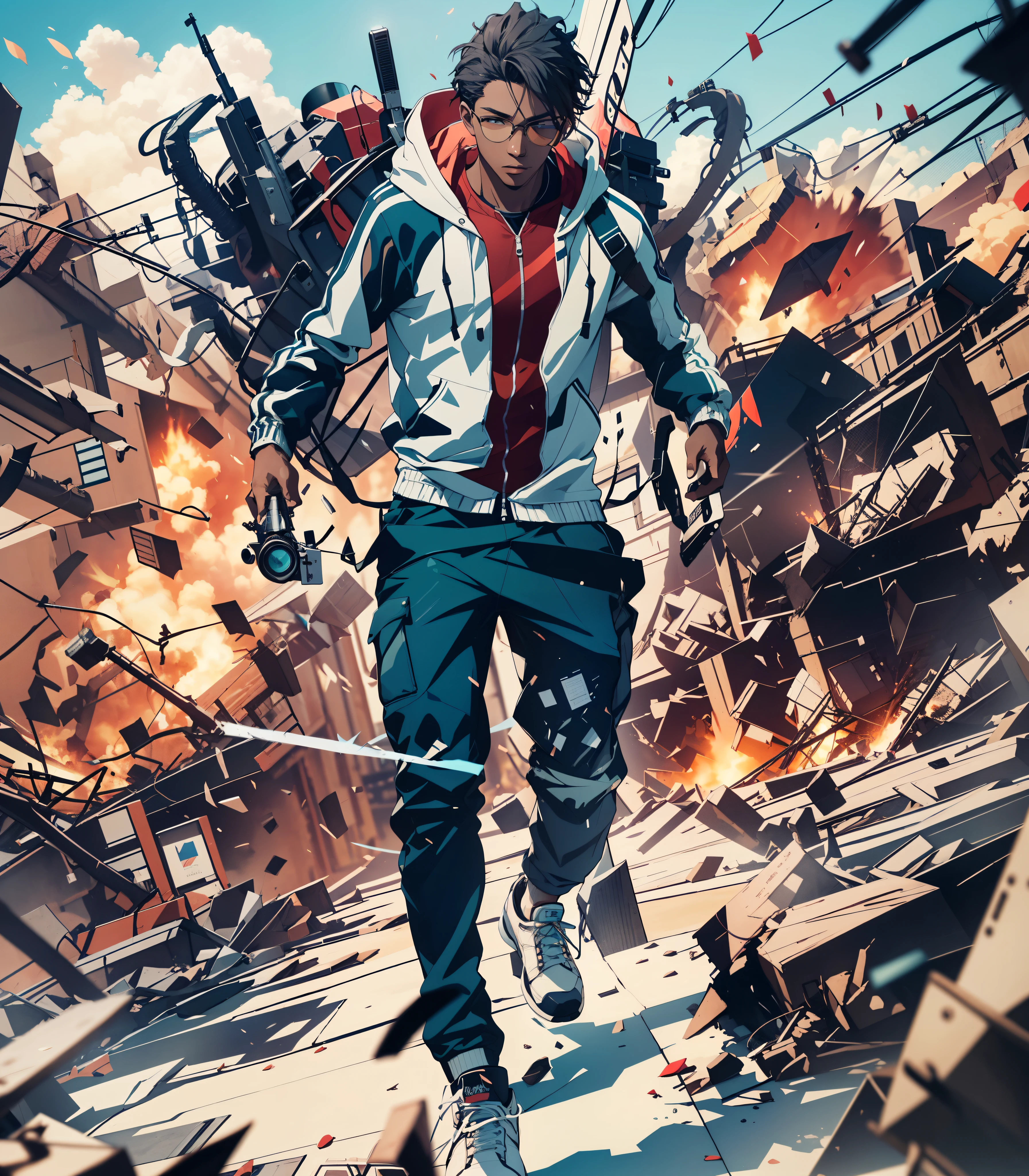 Capture the breathtaking moment as a young, dark-skinned man wearing glasses, dressed in a crisp white windbreaker hoodie crashes walks away from an explosion. This RAW masterpiece showcases an ultra-high resolution, photorealistic full-body portrait, illuminated by the warm glow of sunlight. The scene is rendered in the captivating style of mecha sci-fi anime, boasting an impressive 8K resolution for the best quality imagery. Crafted with Unreal Engine 1.4, this piece features ultra-realistic 64K CG, skin texture at 1.4, and volumetric fog to add depth and atmosphere. The details are further enhanced with 8K UHD, DSLR quality, film grain, and the artistic touch of lomography. The result is a stunning blend of high-quality visuals, translucent effects, and photorealism that truly captivates the viewer.