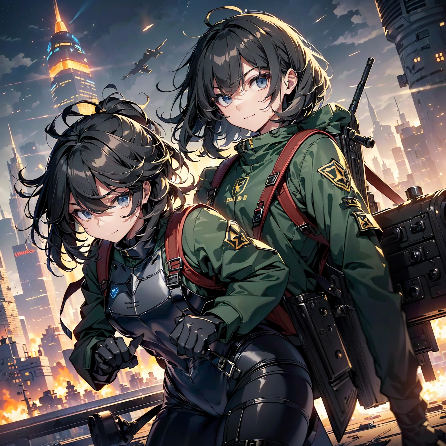 (highest quality，T Masterpiece，final solution，whole body、album):(18 year old female fighter，Slender、very slim、small face、small face、cute、Black Super Short Hair、Ahoge、Shiny black tight combat uniform，Glossy tight suit，jump、dynamic angle、dynamic action、(dynamic pose:1.2)、normal posture，normal posture、Gentle smile、(Backpack:1.1))、(Time Machine、Computer、skyscraper gun、weapons of the future、Real World、Plankton rattle field、volumetric fog、gray fog、cigarette、 explosion、apocalyptic、destroyed city background、burning building:1.3、starry ski、huge moon、Earth、destroyed giant robot、radio tower、airplane flying overhead、shooting star rocket truck、broken car、derailed train、tank、giant weapon、electronic equipment、Luminous mechanism、strong wind、bao phan、thunder、light、halo)