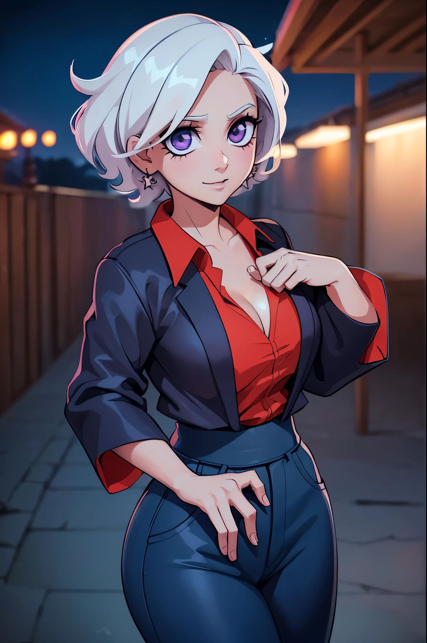 tela de anime, night sky, lua, Floresta, Caminho, 1girl, sozinho, short hair, cabelos pretos, Purple eyes, Roupas japonesas, Looking at the Viewer, quimono preto, cabelo entre os olhos, cowboy shot, mangas largas, hakama pants, Branco_cinta, back, boca fechada, sorriso, andar, olhar em volta, quadris largos, bunda grande, foco bunda, seios grandes, Arte conceitual da Riot Games, cavaleiro do malpersonagem de League of Legends