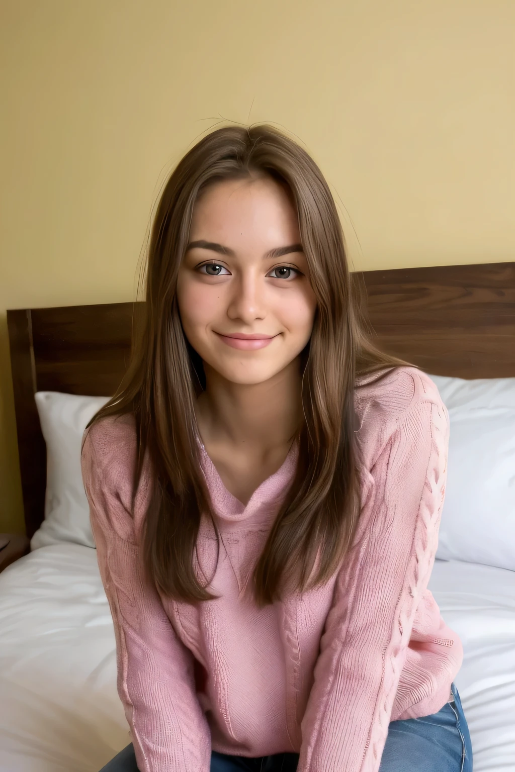 Close-up of a woman wearing a pink knitted sweater sitting on the bed Hacia arriba, Retrato de Sophie Mulder, Mirando el futuro, La mirada inocente de la chica de al lado, linda mujer joven, chica joven y linda, chica muy hermosa, mujer joven muy hermosa, Podar, ciruela, hermosa joven, buena chica joven, muchacha atractiva, SFW enorme,DEEP-V COLLAR,pecho grande y enorme,Hacia arriba,color de pelo azul pelo largo,orejas de gato, NSFW,