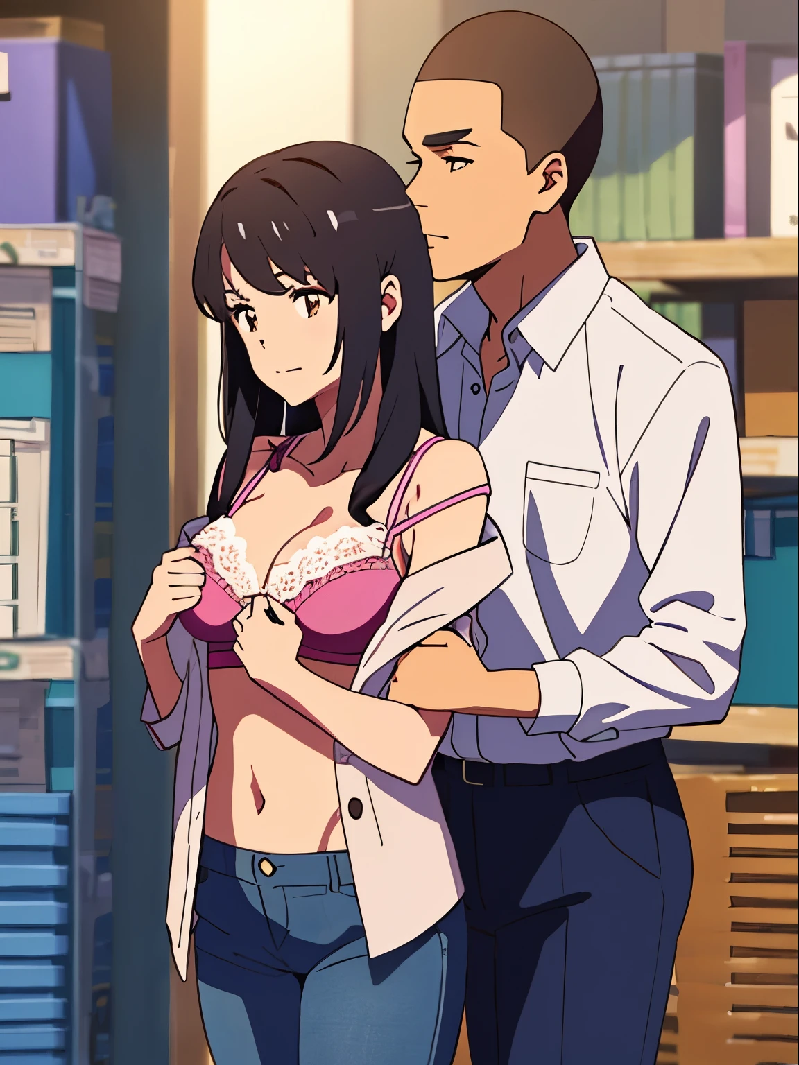 shinkai makoto, kimi no na wa., 1boy, buzzcut,office suit, boy caressing girl's body, kiss cheeks, passionate hug, boy is hugging from behind, chestgrope from behind, boy is touchig girl's chest, hold chest, 1girl, bangs, black hair, brown eyes, Twisted Half Up, red ribbon, long hair, yellow collared shirt, open shirt, off shoulders,unbuttoned shirt, pink bra, cleavage, breast, medium breast, blue pants, storage room, indoors, masterpiece, perfect anatomy, cowboyshot
