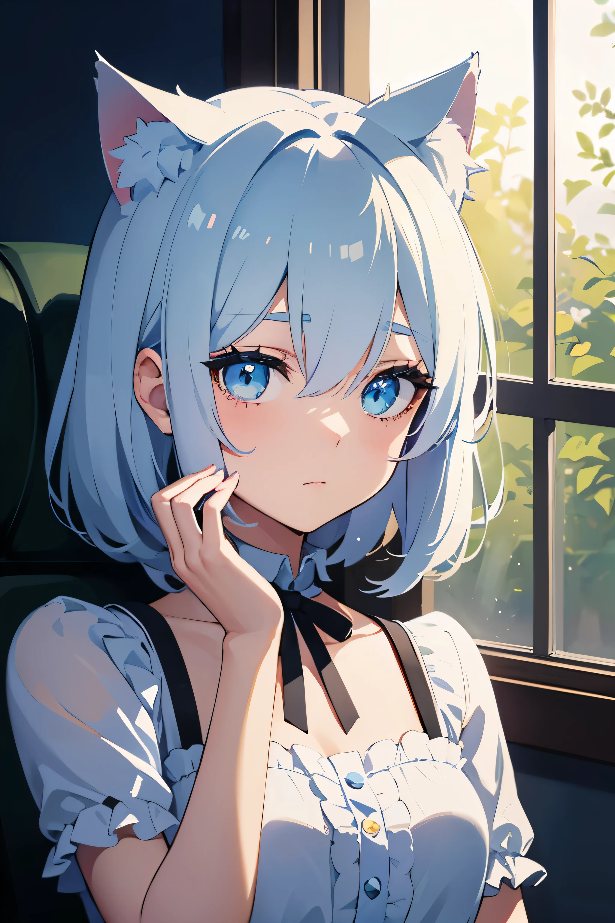 cute young girl, in the metro, white hair, cyan eyes, cat ears, ultra detailed, masterpiece, soft lighting, gazing out the window, holding her chin