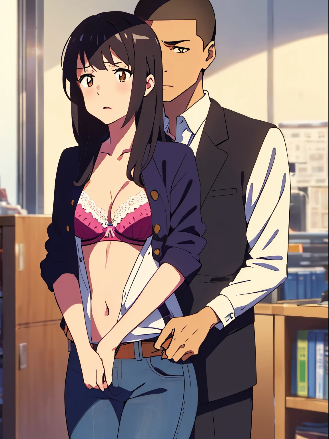 shinkai makoto, kimi no na wa., 1boy, buzzcut,office suit, boy caressing girl's body, kiss cheeks, passionate hug, boy is hugging from behind, chestgrope from behind, boy is touchig girl's chest, hold chest, 1girl, bangs, black hair, brown eyes, worried eyes, open mouth, Twisted Half Up, red ribbon, long hair, yellow collared shirt, open shirt, off shoulders,unbuttoned shirt, pink bra, cleavage, breast, medium breast, blue pants, storage room, night, indoors, masterpiece, perfect anatomy, cowboyshot