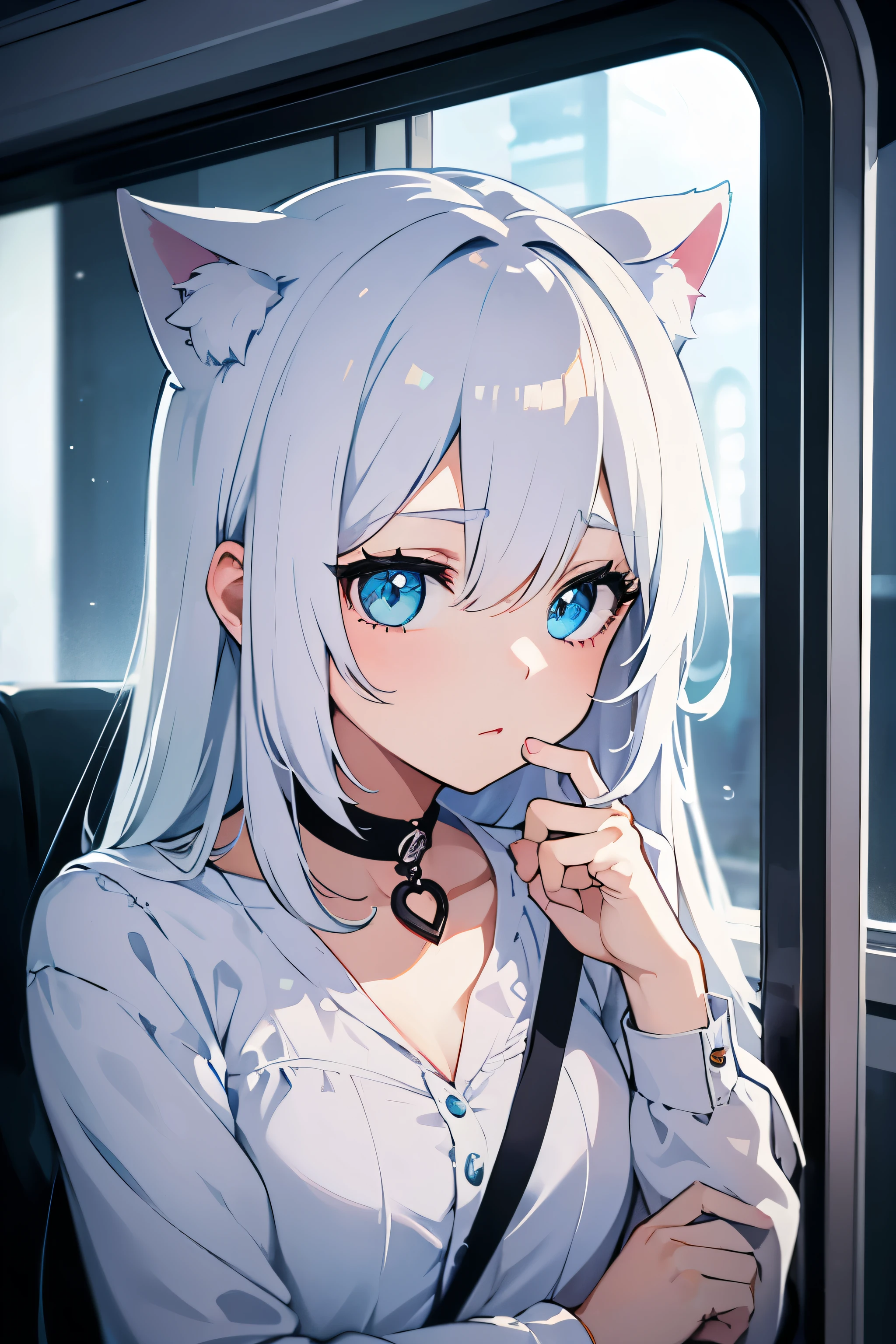 cute young girl, in the metro, white hair, cyan eyes, cat ears, ultra detailed, masterpiece, soft lighting, gazing out the window, holding her chin