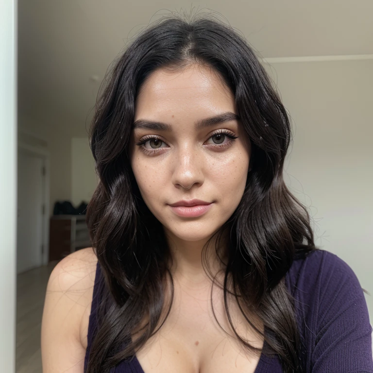 Selfie at a angle of a purple brunette, film grain, skin texture, looking at viewer low quality ,