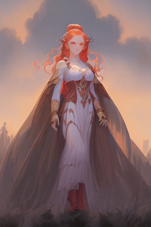 masterpiece, highest quality, extremely detailed CG unity 8k wallpaper, detailed and intricate, 1girl, (ginger girl), (voluptouse), (makeup), (smirking), (sky-blue eyes), (long wavy hair), (orange-copper hair), (huge breasts), wide hips, (huge ass), thighs tights, (perfect legs), (wearing a (white sheer tattered dress, white armor dress, with deep v-cleavage), (ribbon hair-bow), (sky, heaven, outdoor lighiting, far distant castle), (((oil painting, gloomy, intense, by Francisco de Goya)))