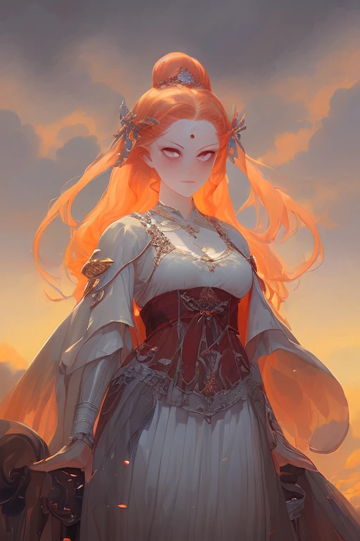 masterpiece, highest quality, extremely detailed CG unity 8k wallpaper, detailed and intricate, 1girl, (ginger girl), (voluptouse), (makeup), (smirking), (sky-blue eyes), (long wavy hair), (orange-copper hair), (huge breasts), wide hips, (huge ass), thighs tights, (perfect legs), (wearing a (white sheer tattered dress, white armor dress, with deep v-cleavage), (ribbon hair-bow), (sky, heaven, outdoor lighiting, far distant castle), (((oil painting, gloomy, intense, by Francisco de Goya)))