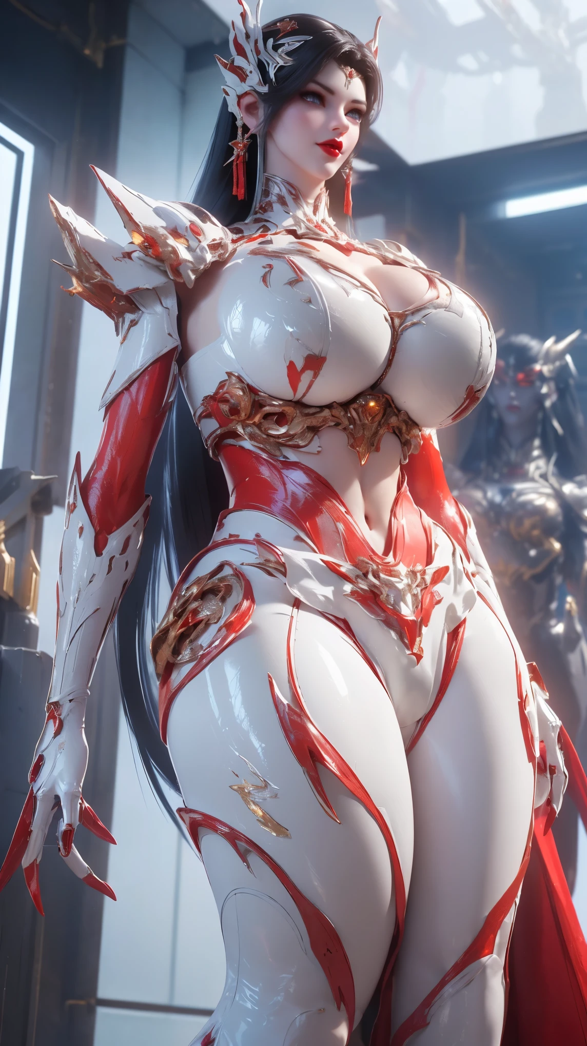 PORTRAIT,UPPER BODY,CLOSE UP HALF BODY,SOLO,(BEAUTY WHITE HAIR,MECHA PHOENIX HELMET), (GIGANTIC DW FAKE BREASTS,CLEAVAGE,MUSCLE ABS:1.5), ((WEAR RED,WHITE SHINY MODERN FUTURISTIC MECHA SKINTIGHT CROP TOP:1.5)),(MUSCULAR BODY MATURE WOMAN:1.5), (SWEATY GLOSSY BODY:1.5), (LOOKING AT VIEWER:1.3),(HALLROOM OF FUTURISTIC SPACE STATION:1), (PHOTOREALSITIC:1.4), (ULTRA-DETAILLIERT), (TOP-QUALITY), (BEST SHADOWS), (MASTERPIECE), BRIGHT LIGHT IN ROOM, HYPER TEXTURE, (4X MSAA), ((UNREAL ENGINE 5 RENDER)), PHYSICALLY-BASED RENDERING, ULTRA HIGHT DEFINITION, 16K, 1080P.