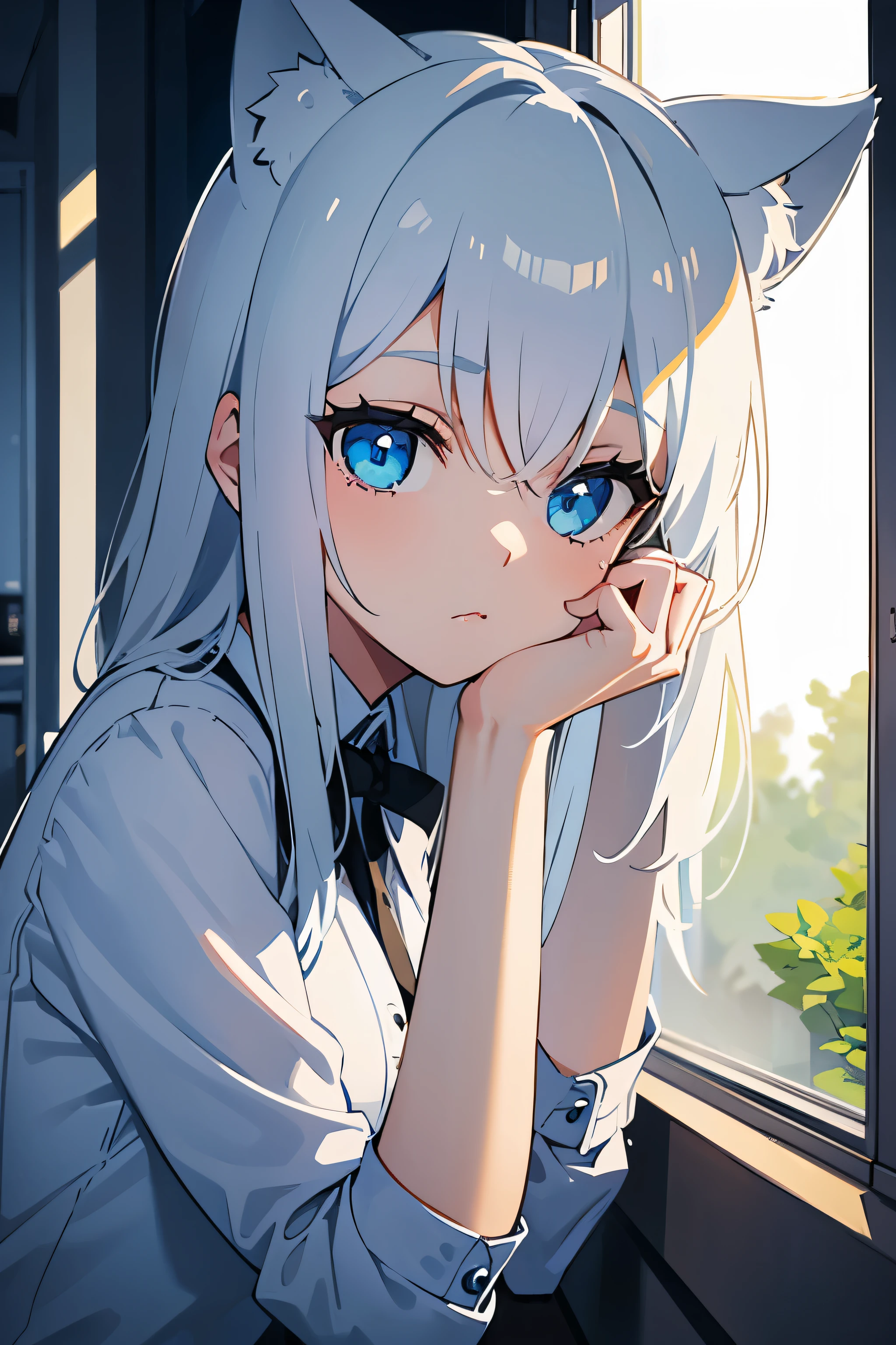 cute young girl, in the metro, white hair, cyan eyes, cat ears, ultra detailed, masterpiece, soft lighting, gazing out the window, holding her chin