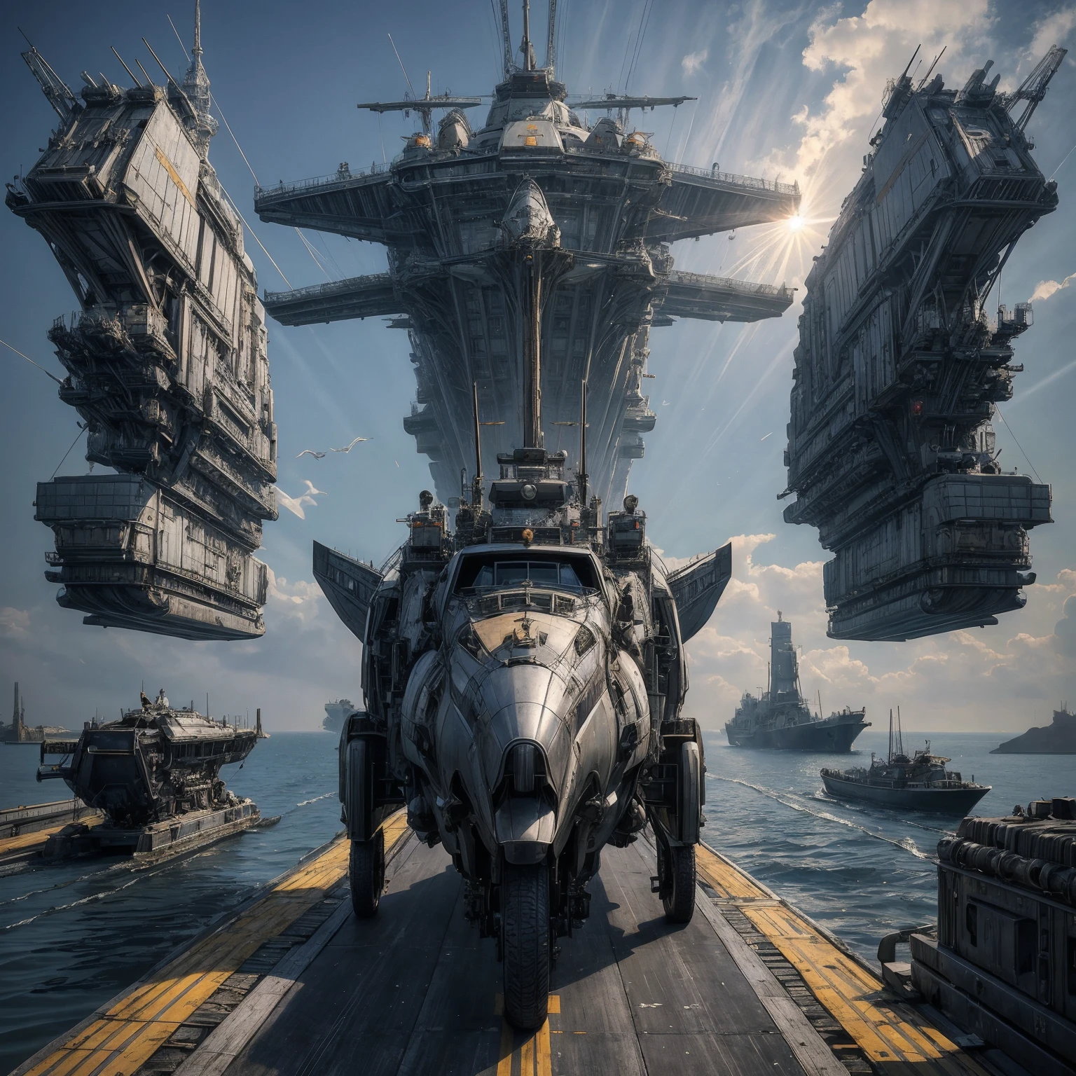 Ultra realistic 16K CG, masterpiece, Best Composition, Photo quality, work of art, Against the backdrop of an imperial star cruiser taking off, Detailed Imperial Star Super Dreadnought , high detail, Lots of elements, flying transports, flying cargo ships, cranes, Manipulators. Sun rays, on the sides there are many detailed artillery batteries, The Distant Future