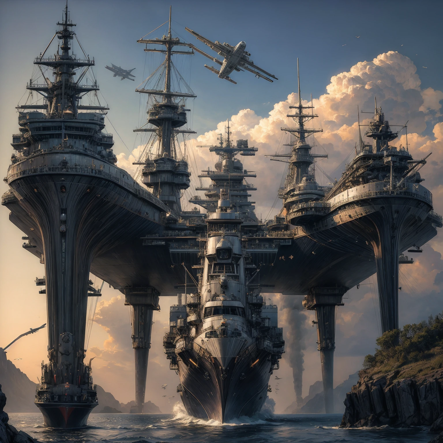 Ultra realistic 16K CG, masterpiece, Best Composition, Photo quality, work of art, Against the backdrop of an imperial star cruiser taking off, Detailed Imperial Star Super Dreadnought , high detail, Lots of elements, flying transports, flying cargo ships, cranes, Manipulators. Sun rays, on the sides there are many detailed artillery batteries, The Distant Future