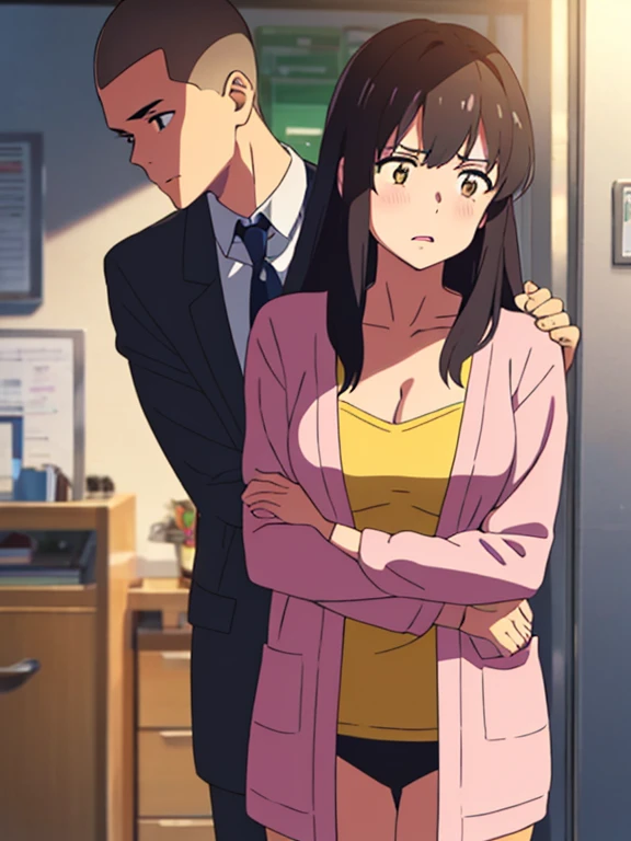 shinkai makoto, kimi no na wa., 1boy, buzzcut,office suit, boy caressing girl's body, boy is hugging from behind, ear biting 1girl, bangs, black hair, brown eyes, worried eyes, open mouth,Twisted Half Up, red ribbon, long hair, long sleeve light pink cardigan, open shirt, yellow shirt, cleavage, breast, medium breast, storage room,night, indoors, masterpiece, perfect anatomy, cowboyshot