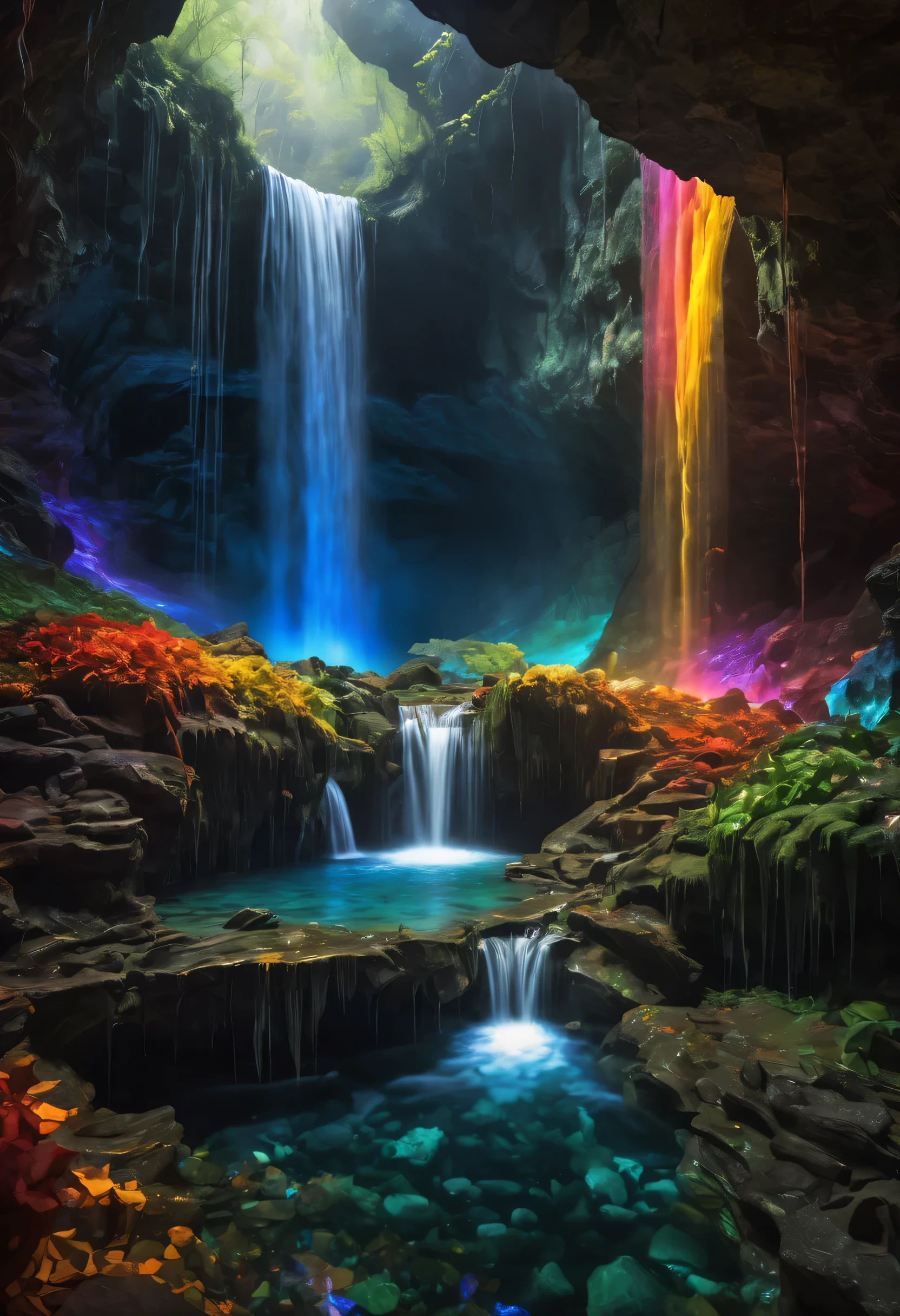 (best quality,highres,ultra-detailed,realistic:1.2),vivid colors,sharp focus, HDR, underground, fantasy, magical landscape, glowing crystals, rainbow waterfall cascades, ethereal lighting, sublime beauty, mysterious darkness, cavernous depths, surreal atmosphere, mesmerizing spectacle.