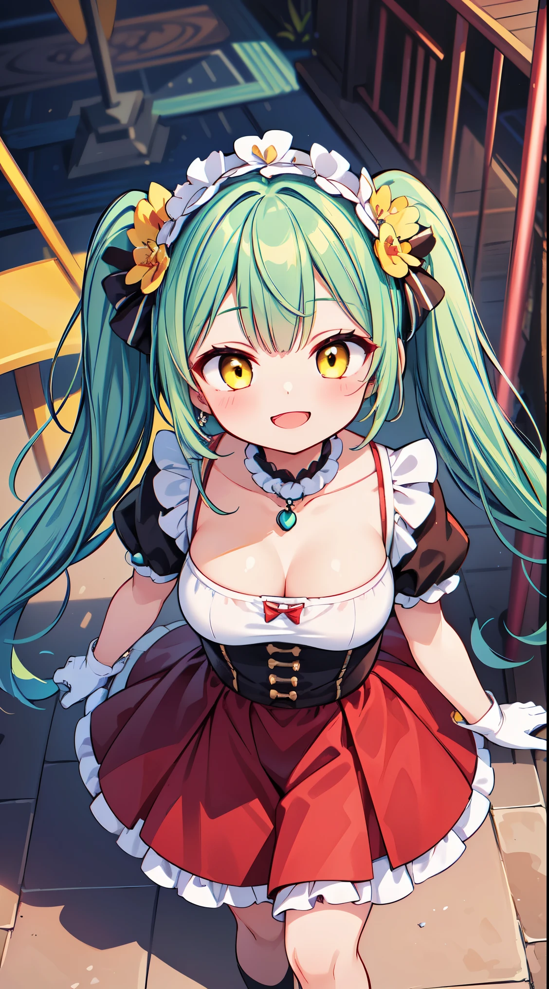 (super fine illustration:1.2),(masterpiece, 8k), (best quality, high quality:1.4), perfect anatomy, hyper detailed, ultra detailed,masterpiece background,beautiful detailed background, v8k wallpaper,perfect design,award-winning art,atmospheric,
BREAK, 1 beautiful girl, (17 year old girl),alone,(cute:1.5),(Little:0.6),(cute:1.5),(change:0.5),break, :d, (twin tails, green hair, horn, long hair:1.35), (yellow eyes, double, slanted eyes:1.45), blush, double teeth, ((D cup breasts))), heart, sight, maid, /maid dragon/, dragon tail, (long eyelashes, double eyelids, thin eyebrows:1.2), alone, glowing skin, beautiful skin, beautiful skin, (highest quality face), (highest quality slanted eyes), maid outfit, gloves, open your mouth, short sleeve, smile, white gloves,(The best smile,smug face:1.45),
BREAK, (1girl, solo, looking at viewer, walking:1.2), (Amusement park:1.2), (attractions, theme parks, roller coaster:1.2), (ferris wheel:1.2), (flower, fountain:1.2), (outdoor:1.2), beautiful detailed sky, dating, sunlight, beautiful lighting, volumetric lighting,
BREAK ((white camisole), detailed frilled camisole), (red skirt, detailed laced skirt), (tiara, necklace, earrings), (flower crown, flower head, side flower head, flower hair ornament:1.5)
BREAK,wakame,wakame,wakame,(looking up,from front above:1.5) ,
BREAK,(Blurry background:1.3),(absurderes, hight resolution, Super Detail Art),cel shading,Clear Color, Lonely optical effect, Beautiful pictures, Bright glow, mystic atmosphere,(Close-up of girl:1.1), Mystical light particle effect,manga influence, clean line drawings,