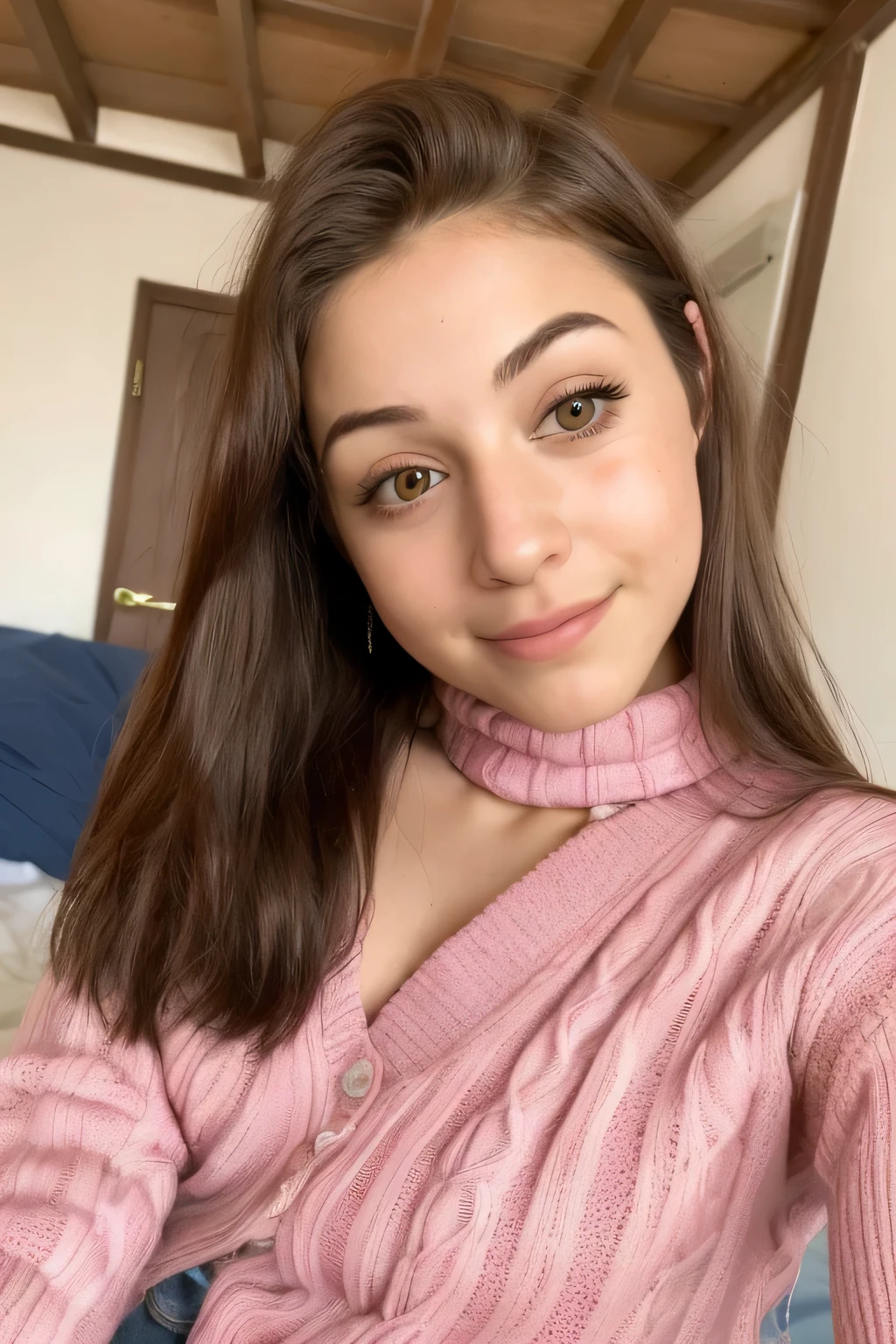 Close-up of a woman wearing a pink knitted sweater sitting on the bed Hacia arriba, Retrato de Sophie Mulder, Mirando el futuro, La mirada inocente de la chica de al lado, linda mujer joven, chica joven y linda, chica muy hermosa, mujer joven muy hermosa, Podar, ciruela, hermosa joven, buena chica joven, muchacha atractiva, SFW enorme,DEEP-V COLLAR,pecho grande y enorme,Hacia arriba,color de pelo azul pelo largo,orejas de gato