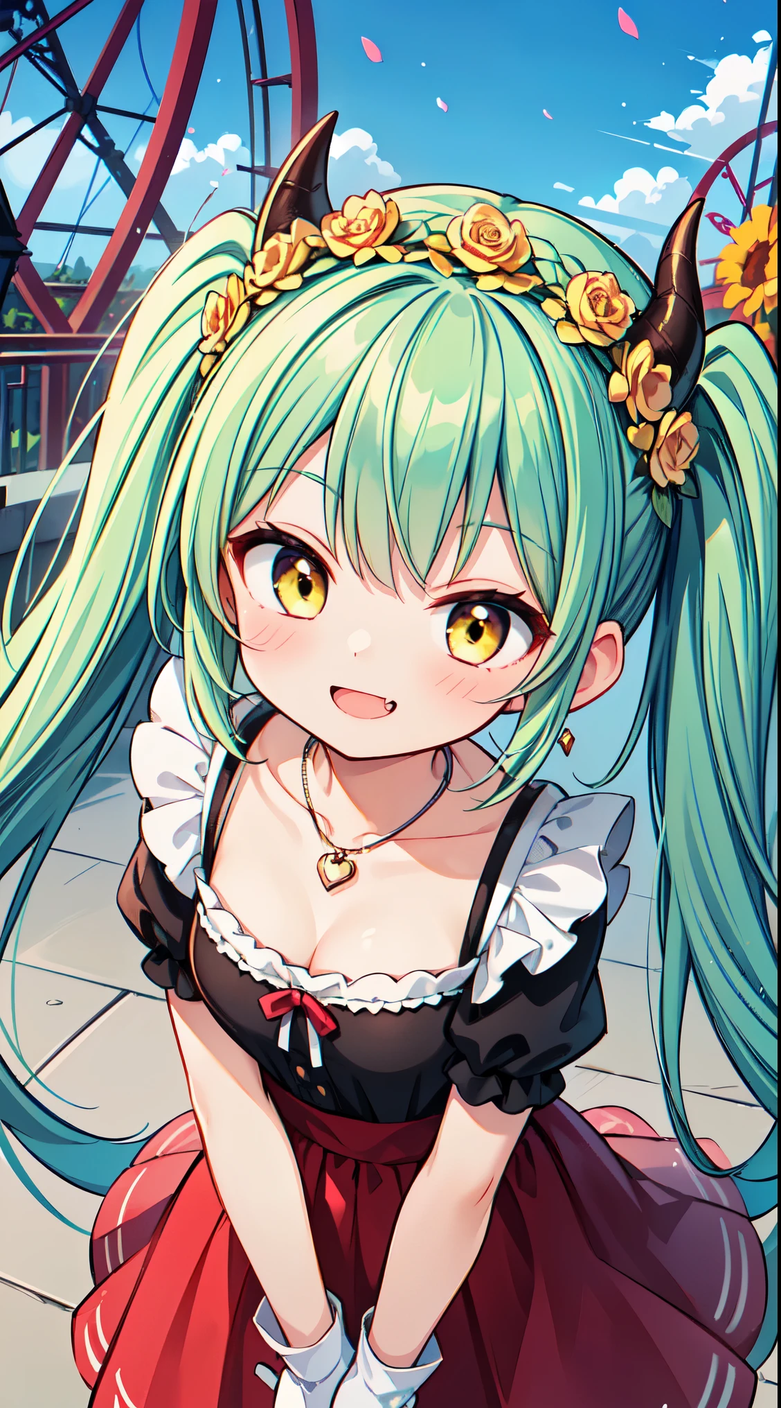 (super fine illustration:1.2),(masterpiece, 8k), (best quality, high quality:1.4), perfect anatomy, hyper detailed, ultra detailed,masterpiece background,beautiful detailed background, v8k wallpaper,perfect design,award-winning art,atmospheric,
BREAK, 1 beautiful girl, (17 year old girl),alone,(cute:1.5),(Little:0.6),(cute:1.5),(change:0.5),break, :d, (twin tails, green hair, horn, long hair:1.35), (yellow eyes, double, slanted eyes:1.45), blush, double teeth, ((D cup breasts))), heart, sight, maid, /maid dragon/, dragon tail, (long eyelashes, double eyelids, thin eyebrows:1.2), alone, glowing skin, beautiful skin, beautiful skin, (highest quality face), (highest quality slanted eyes), maid outfit, gloves, open your mouth, short sleeve, smile, white gloves,(The best smile,smug face:1.45),
BREAK, (1girl, solo, looking at viewer, walking:1.2), (Amusement park:1.2), (attractions, theme parks, roller coaster:1.2), (ferris wheel:1.2), (flower, fountain:1.2), (outdoor:1.2), beautiful detailed sky, dating, sunlight, beautiful lighting, volumetric lighting,
BREAK ((white camisole), detailed frilled camisole), (red skirt, detailed laced skirt), (tiara, necklace, earrings), (flower crown, flower head, side flower head, flower hair ornament:1.5)
BREAK,wakame,wakame,wakame,(looking up,from front above:1.5) ,
BREAK,(Blurry background:1.3),(absurderes, hight resolution, Super Detail Art),cel shading,Clear Color, Lonely optical effect, Beautiful pictures, Bright glow, mystic atmosphere,(Close-up of girl:1.1), Mystical light particle effect,manga influence, clean line drawings,