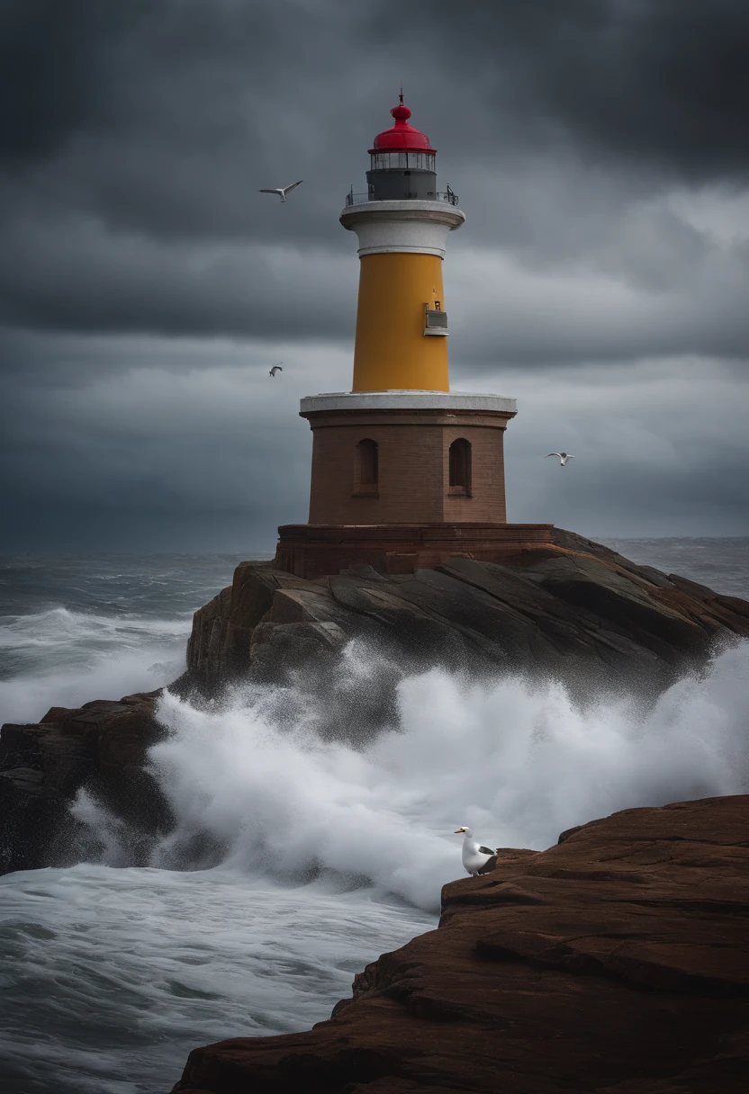 A small lighthouse on the edge of a cliff with a stormy sky and rough seas and a seagull flying in the foreground.