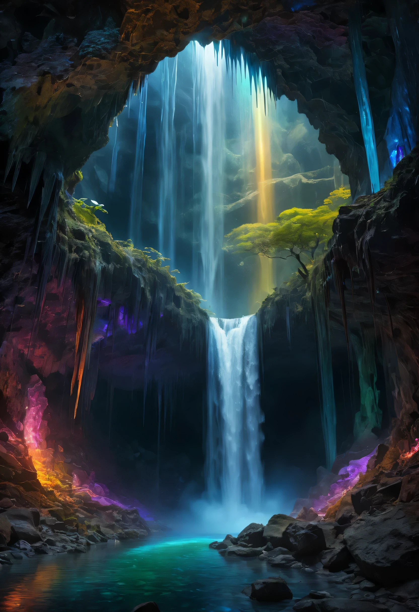 (best quality,highres,ultra-detailed,realistic:1.2),vivid colors,sharp focus, HDR, underground, fantasy, magical landscape, glowing crystals, rainbow waterfall cascades, ethereal lighting, sublime beauty, mysterious darkness, cavernous depths, surreal atmosphere, mesmerizing spectacle.