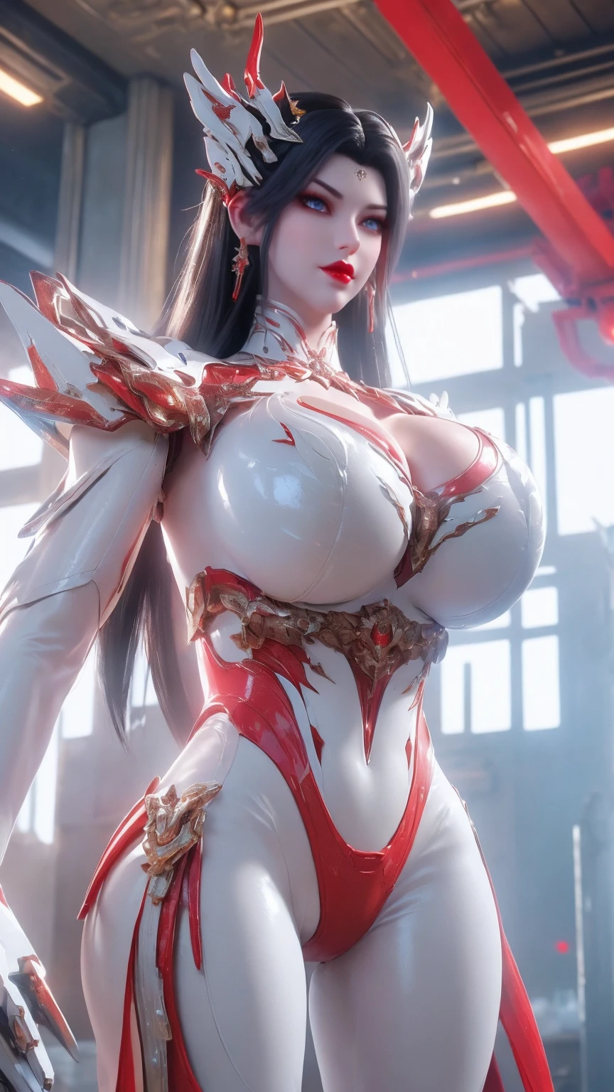 PORTRAIT,UPPER BODY,CLOSE UP HALF BODY,SOLO,(BEAUTY WHITE HAIR,MECHA PHOENIX HELMET), (GIGANTIC DW FAKE ,CLEAVAG ABS:1.5), ((WEAR RED,WHITE SHINY MODERN FUTURISTIC MECHA SKINTIGHT BIKINI:1.5)),(MUSCULAR BODY MATURE WOMAN:1.WEATY GLOSSY BODY:1.5), (LOOKING AT VIEWER:1.3),(HALLROOM OF FUTURISTIC SPACE STATION:1), (PHOTOREALSITIC:1.4), (ULTRA-DETAILLIERT), (TOP-QUALITY), (BEST SHADOWS), (MASTERPIECE), BRIGHT LIGHT IN ROOM, HYPER TEXTURE, (4X MSAA), ((UNREAL ENGINE 5 RENDER)), PHYSICALLY-BASED RENDERING, ULTRA HIGHT DEFINITION, 16K, 1080P.
