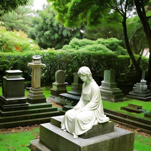 Photos of small overseas cemeteries tucked away in the woods。A small angel statue appears small in the distance