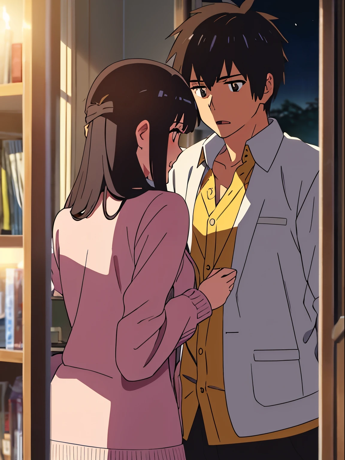 shinkai makoto, Kimi No Na Wa., 1 boy, Shaved head, , Boys are behind girls, Touching the chest, Rubbing breasts from behind, grab, grabbing chest,chestgrab behind back, Remove your bra, Hold the bra, Embrace, Embrace, Kiss on the neck, One girl, Black Hair, Waterfall knitting, Red ribbon, Long Hair, Brown eyes, blue star necklace, Light Cardigan Pink, Open shirt, Yellow shirt Open shift, belly button, cute, Open your mouth, whole body, Long sleeve, Cowboy Shot, masterpiece, On a date, Blushing, Bedroom, night, Sit on the bed , Shaved head,Topless,Nipples are erect,Armpit sweat,Shyness,clear,High exposure,Having my armpits licked,His arms are tied and he is hanging from a rope、A beautiful adult woman with long hair、Underhair grows