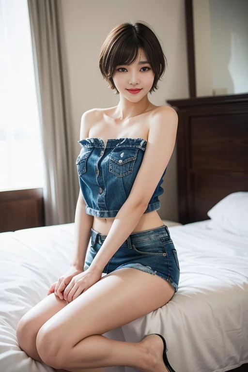 short cut hair,beautiful,K-POP idol,japanese idol,japanese actress,High resolution,beautiful skin,8K,RAW photo,highest quality,masterpiece,realistic,photo-realistic,clear,professional lighting,beautiful顔,highest quality,超High resolution,whole body,sexy,beautiful歯列, beautiful唇,smile,denim mini skirt,high heels,Geometric-print-bikini,bikini,bed