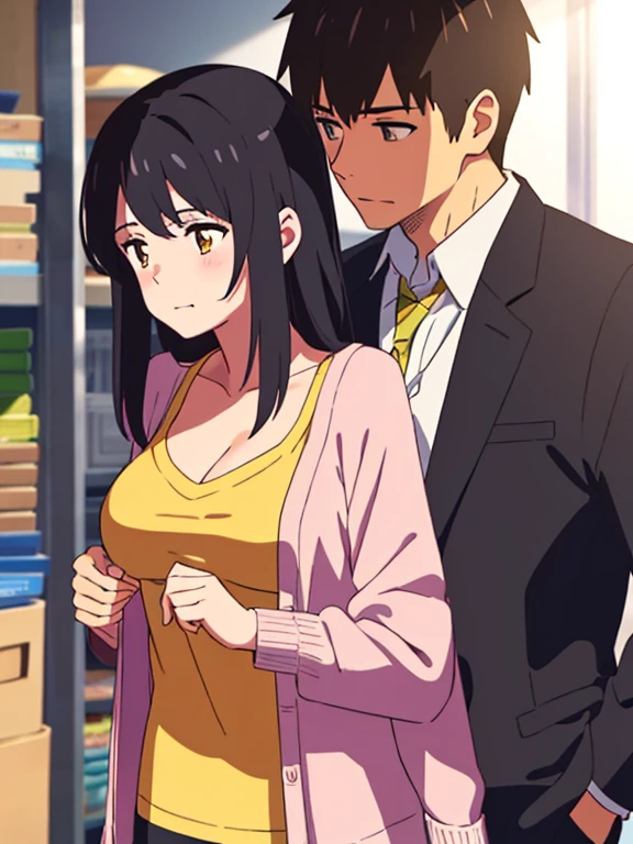 shinkai makoto, kimi no na wa., 1boy, buzzcut,office suit, boy caressing girl's body,chestgrope from behind, boy is touchig girl's chest, hold chest, boy is hugging from behind, ear biting 1girl, bangs, black hair, brown eyes, Twisted Half Up, red ribbon, long hair, long sleeve light pink cardigan, open shirt, yellow shirt, cleavage, breast, medium breast, chestgrope from behind, storage room, indoors, masterpiece, perfect anatomy, cowboyshot