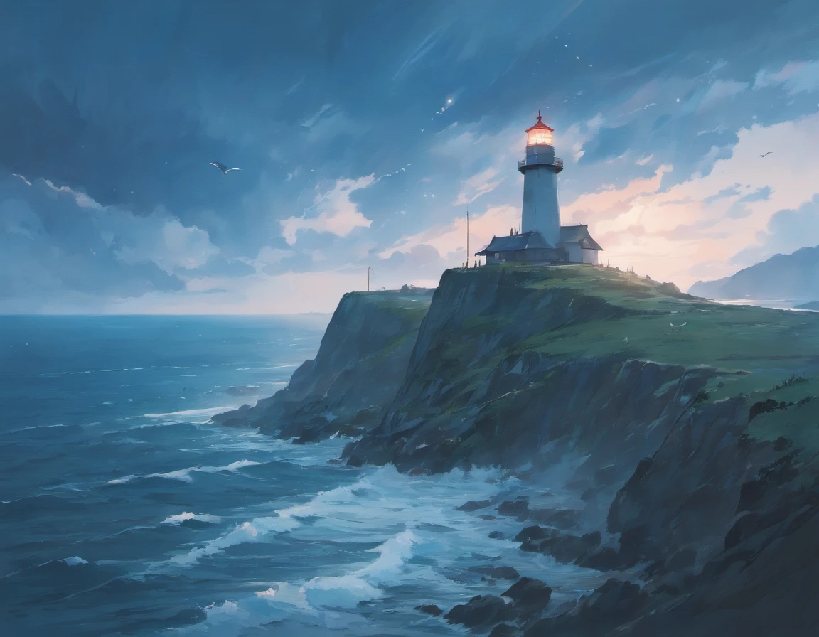 A small lighthouse on the edge of a cliff with a stormy sky and rough seas and a seagull flying in the foreground.